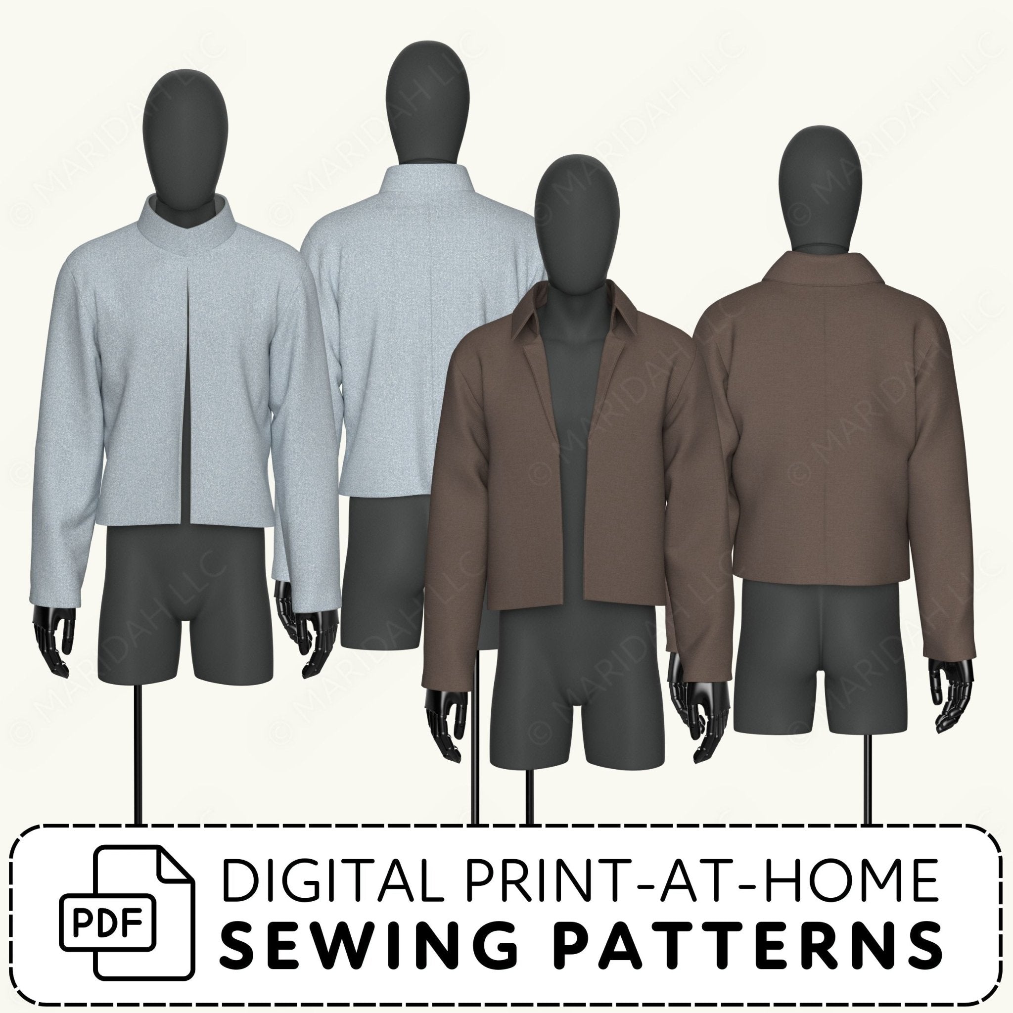 Mannequins wearing gray and brown jackets with digital print-at-home sewing patterns text.
