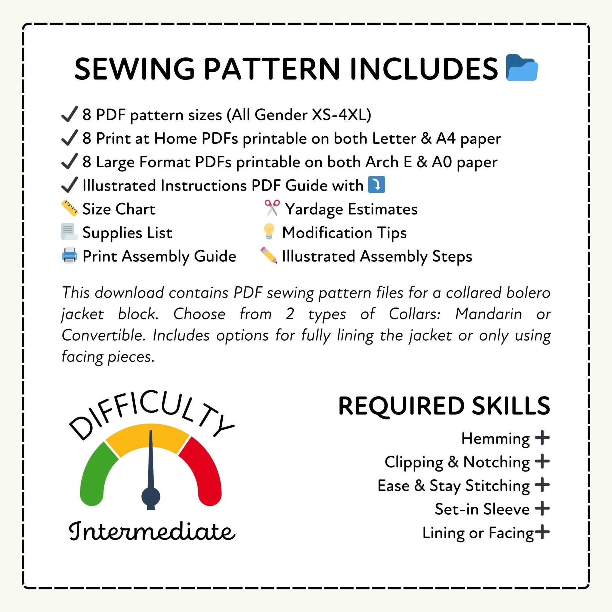 Sewing pattern information with difficulty rating and required skills listed.