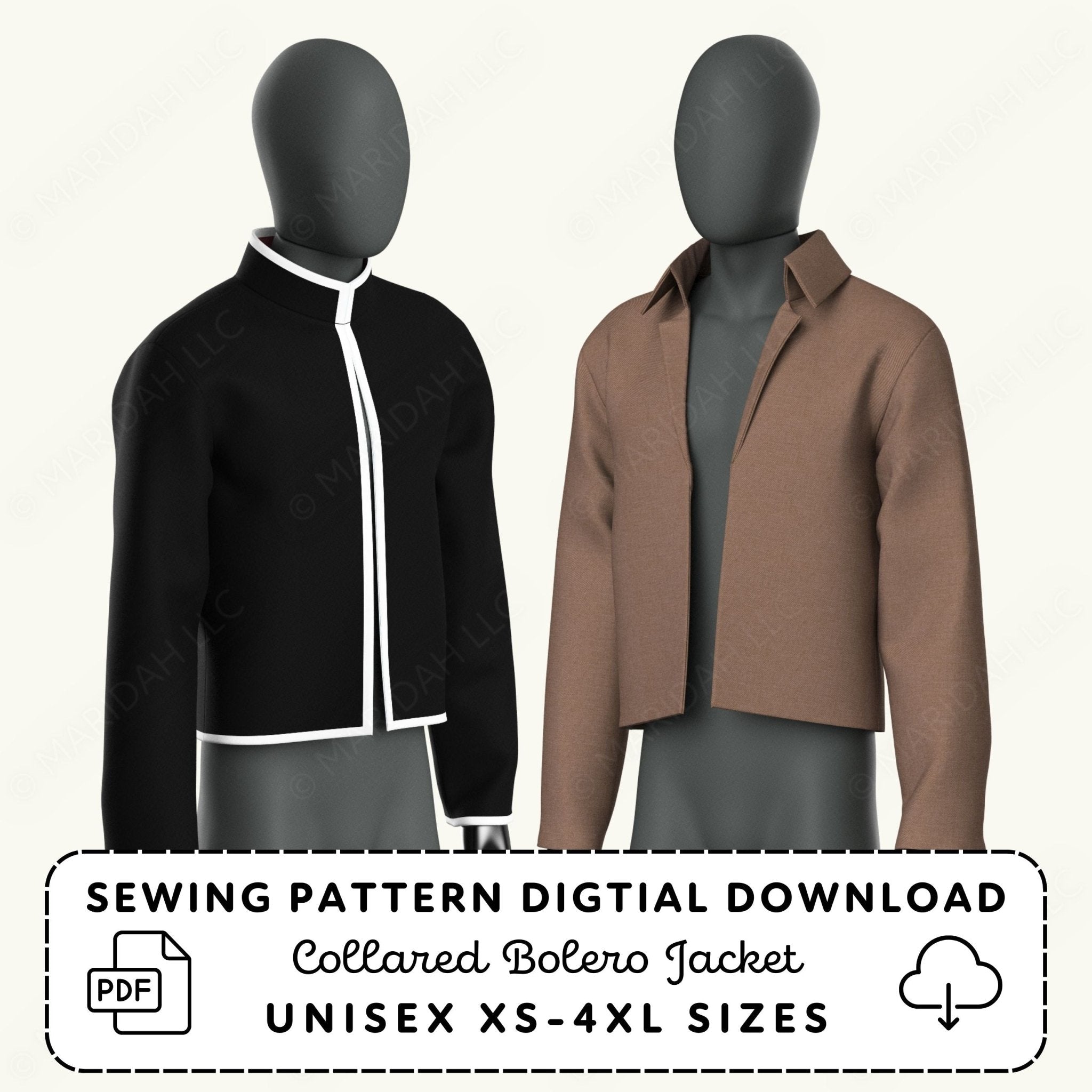 two mannequins wearing different colored jackets, one black and one brown, against a plain background.