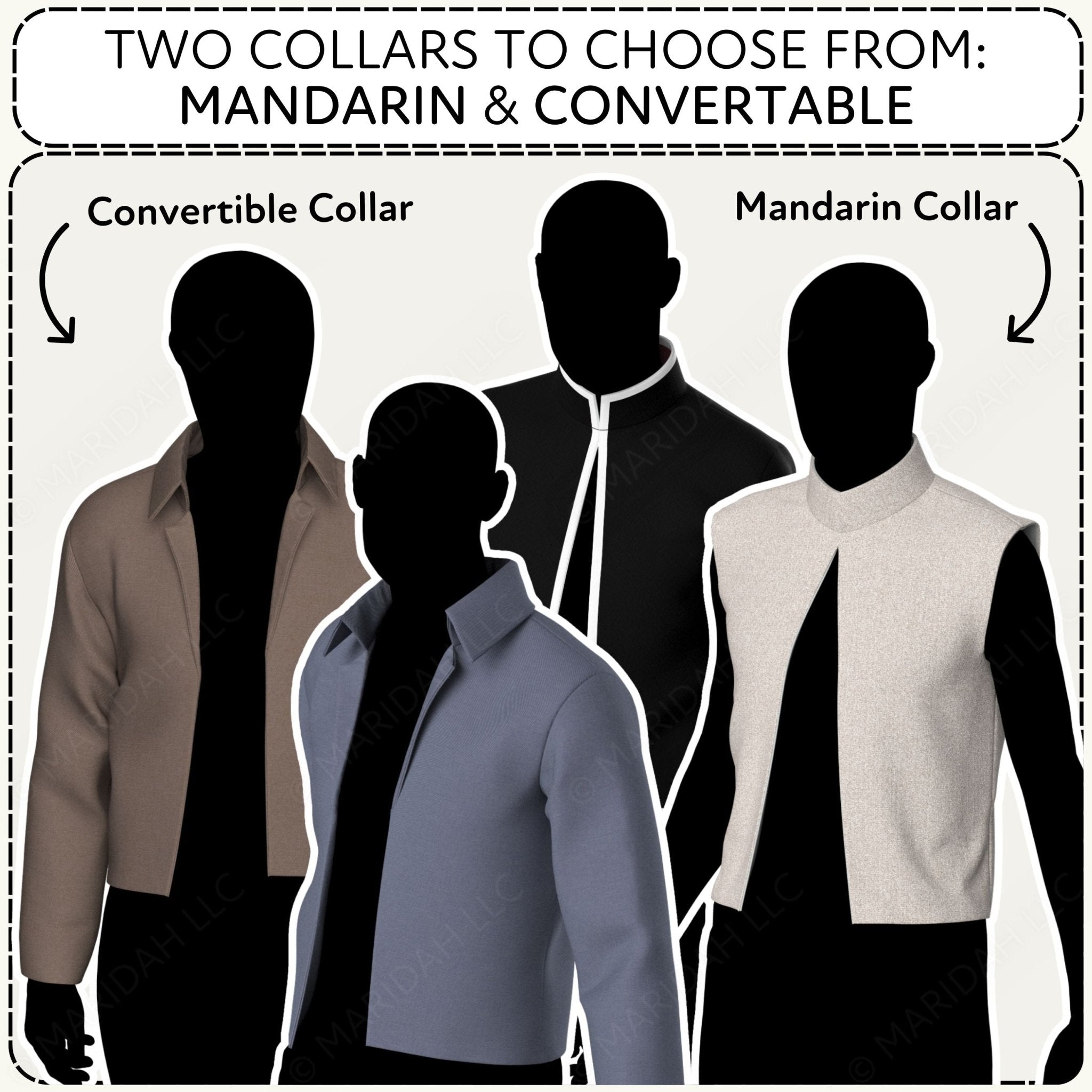 Silhouette illustration of men wearing shirts with convertible and mandarin collars.