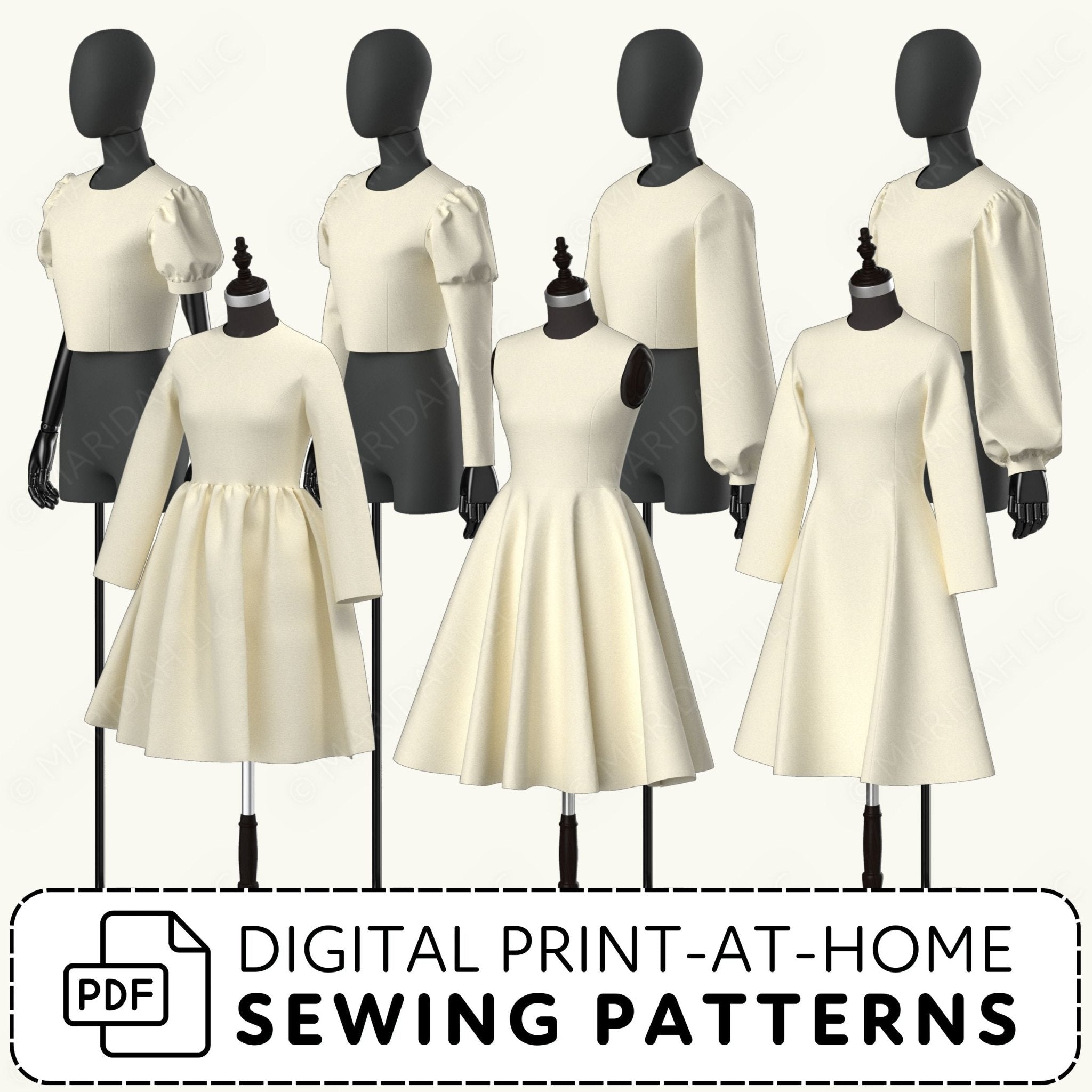 Mannequins wearing cream-colored dresses with digital print-at-home sewing pattern text overlay.