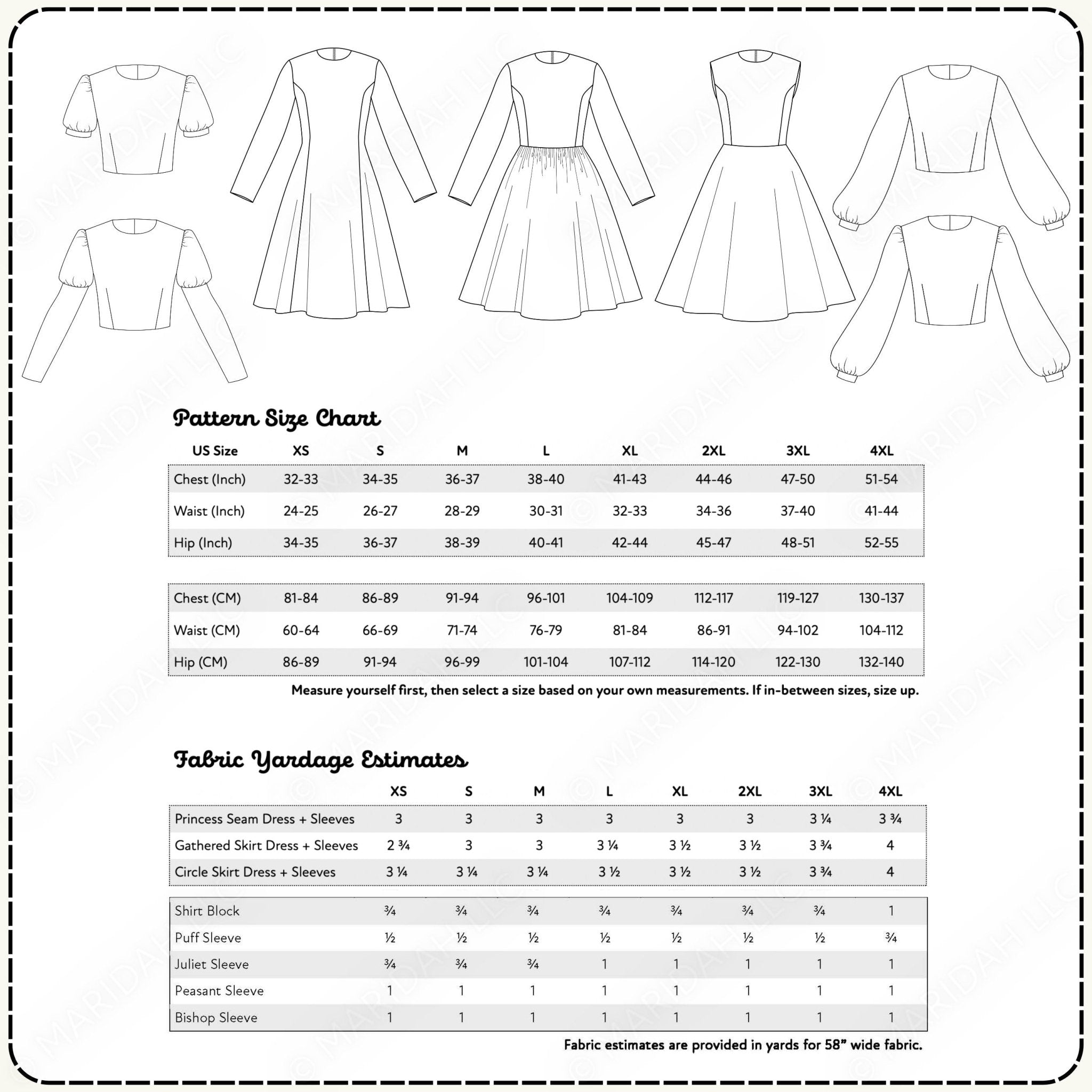 Pattern size chart for dresses with fabric yardage estimates on a white background