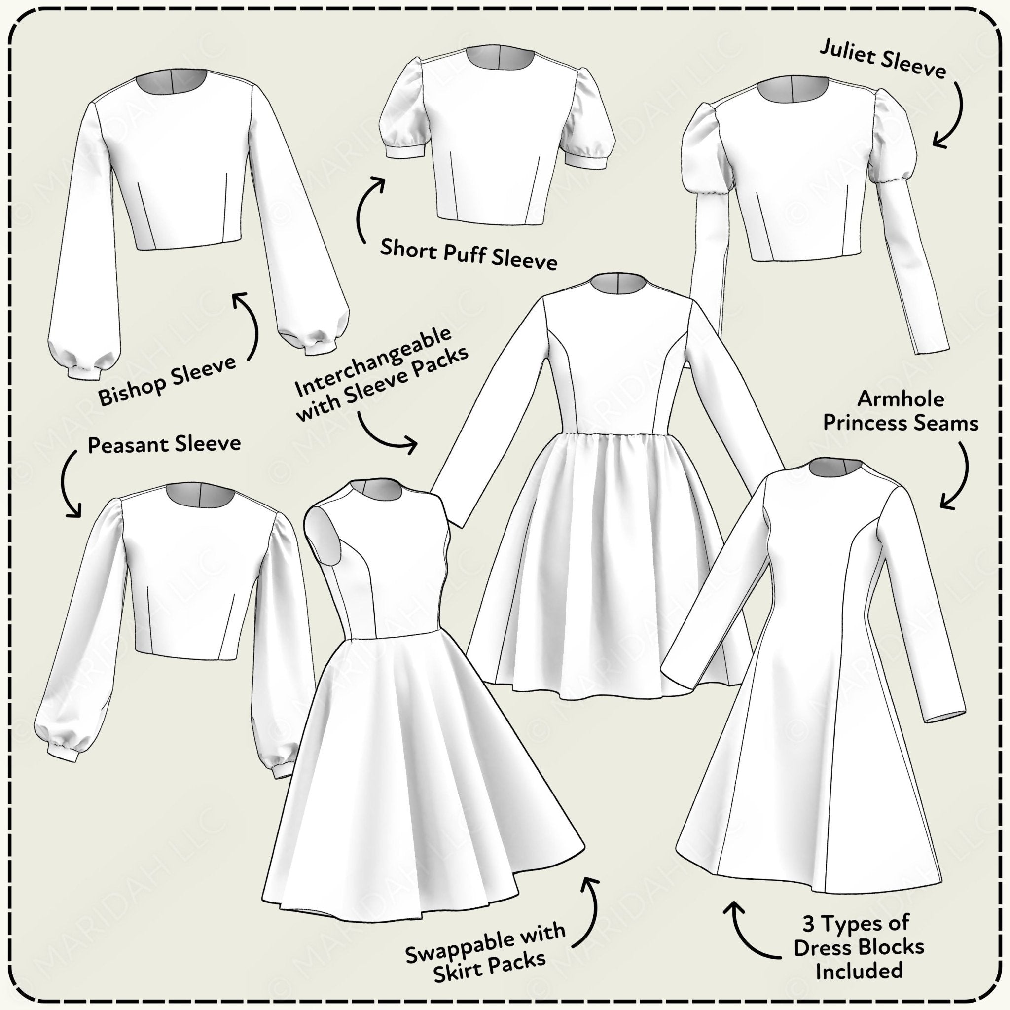Illustration of a dress with various sleeve and skirt options on a beige background