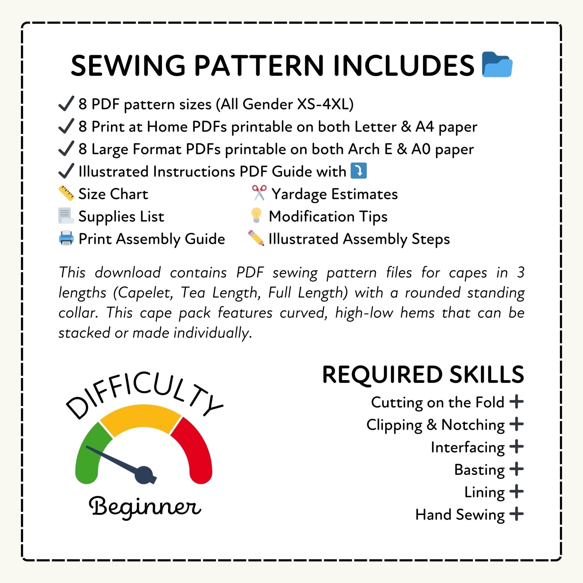 Sewing pattern information with difficulty rating and required skills listed.
