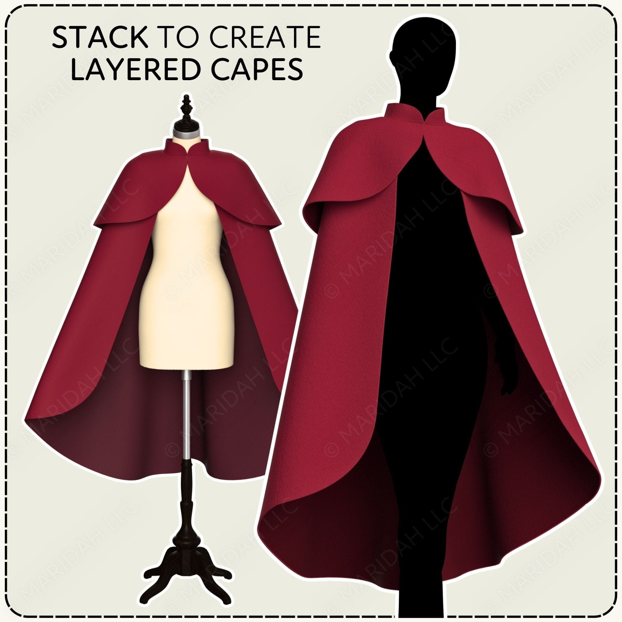 Red cape on a mannequin and black silhouette with text &