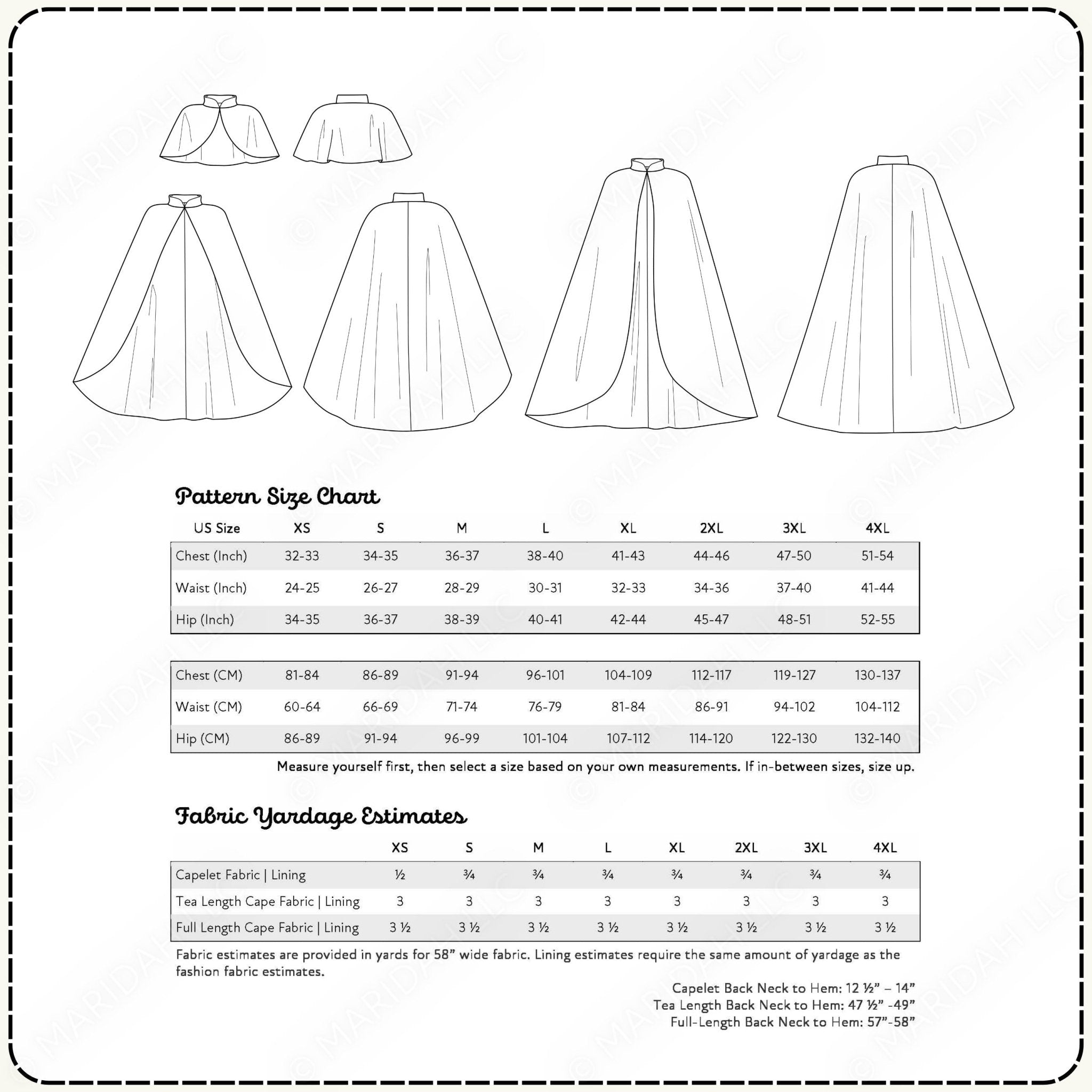 Pattern size chart for capes with measurements and fabric yardage estimates.