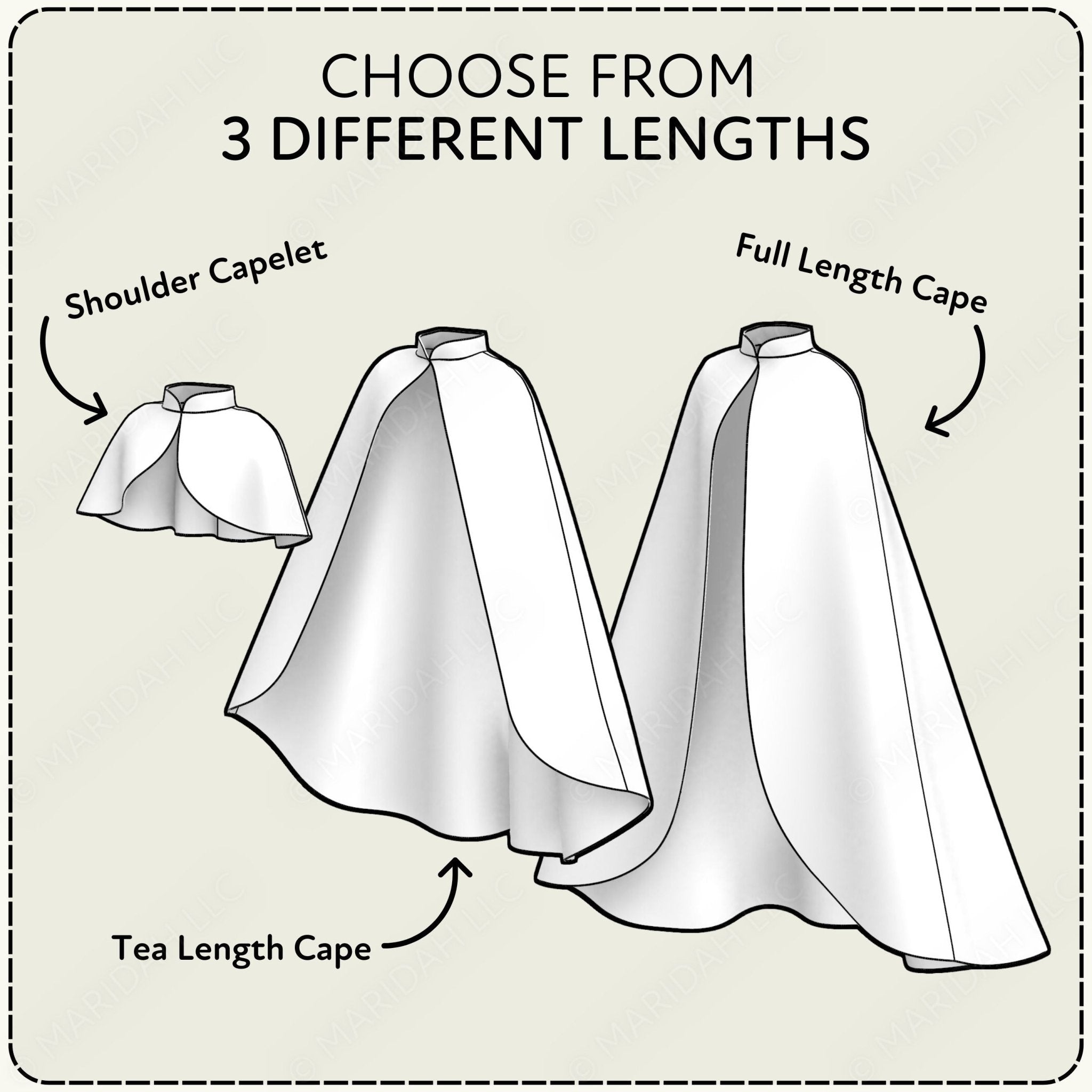 Illustration of three different lengths of capes with labels on a beige background.