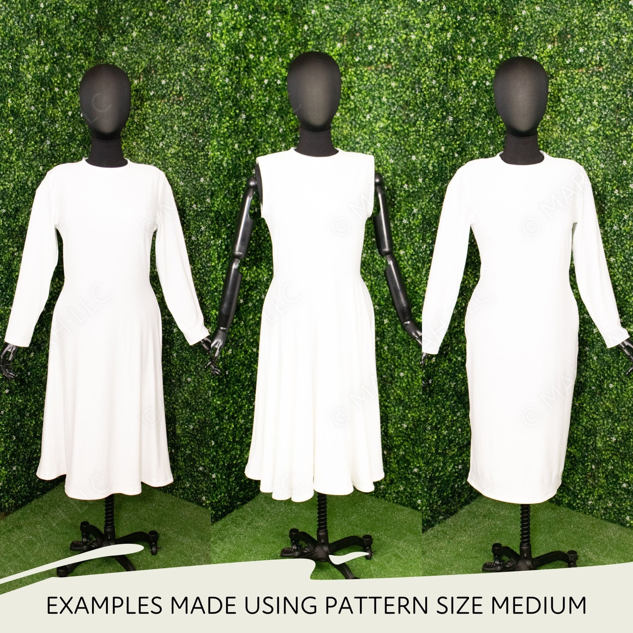 three mannequins wearing white dresses in front of a green wall