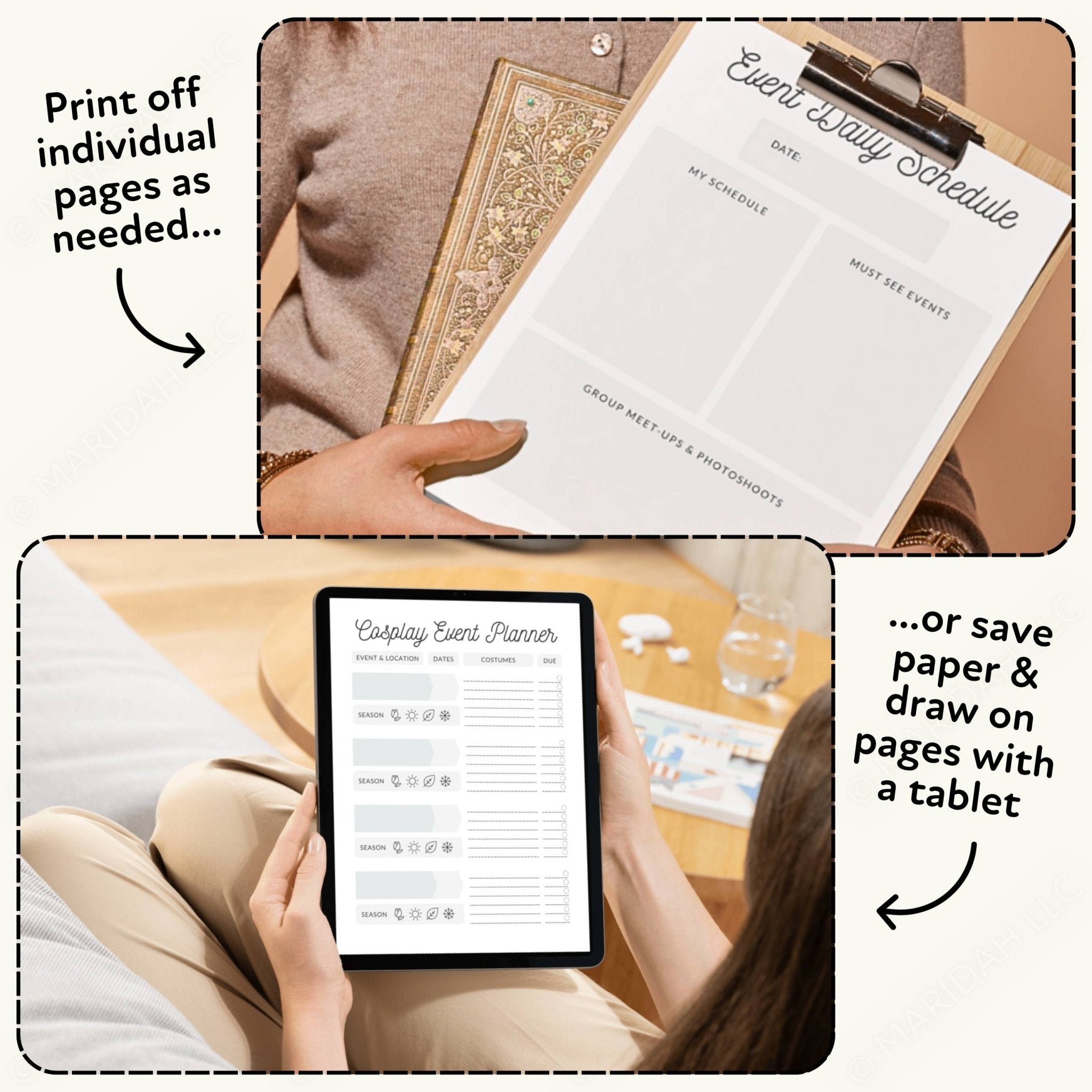 Collage showing a person using a tablet with an event planner app and holding a printed event schedule.