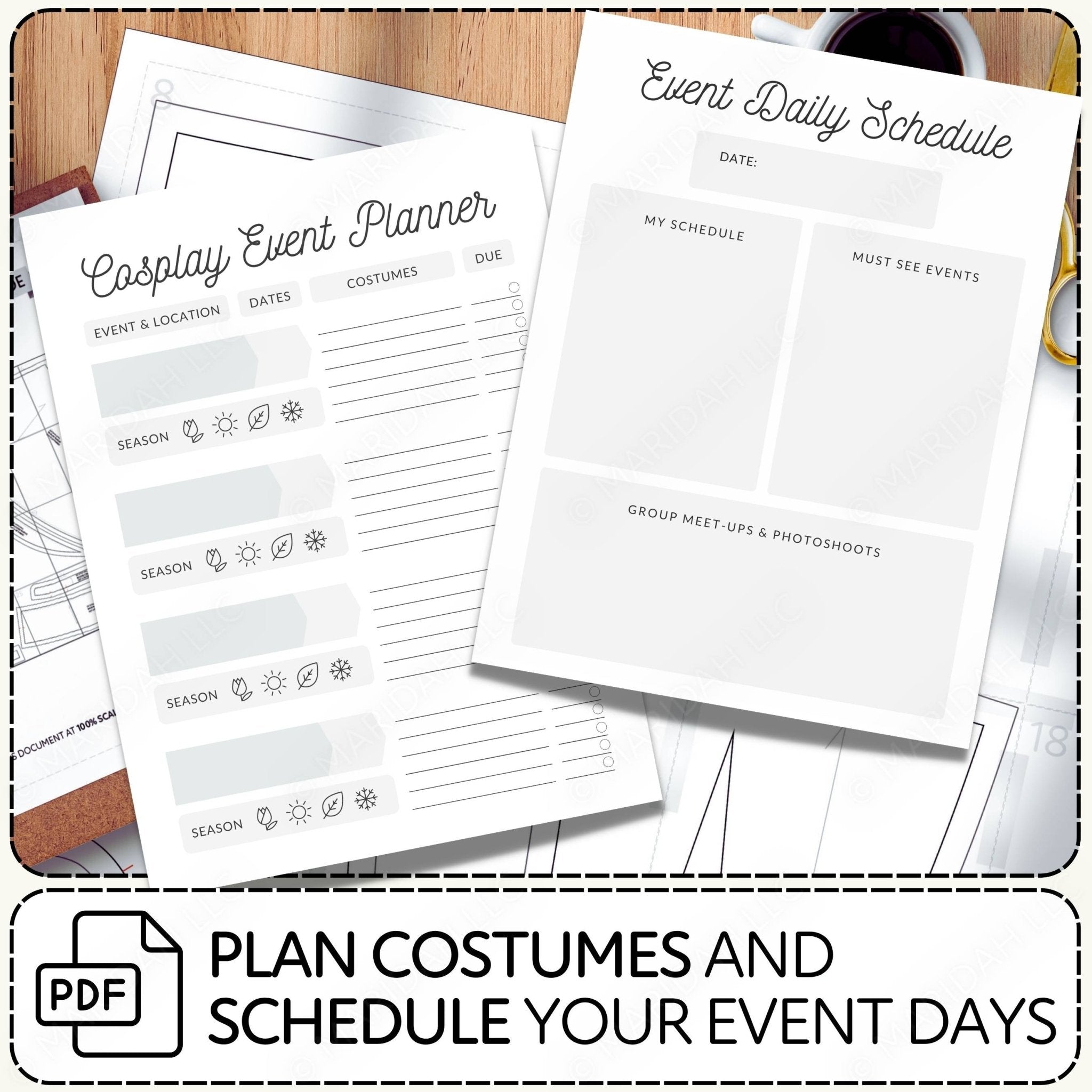 Cosplay event planner and daily schedule sheets on a wooden surface.
