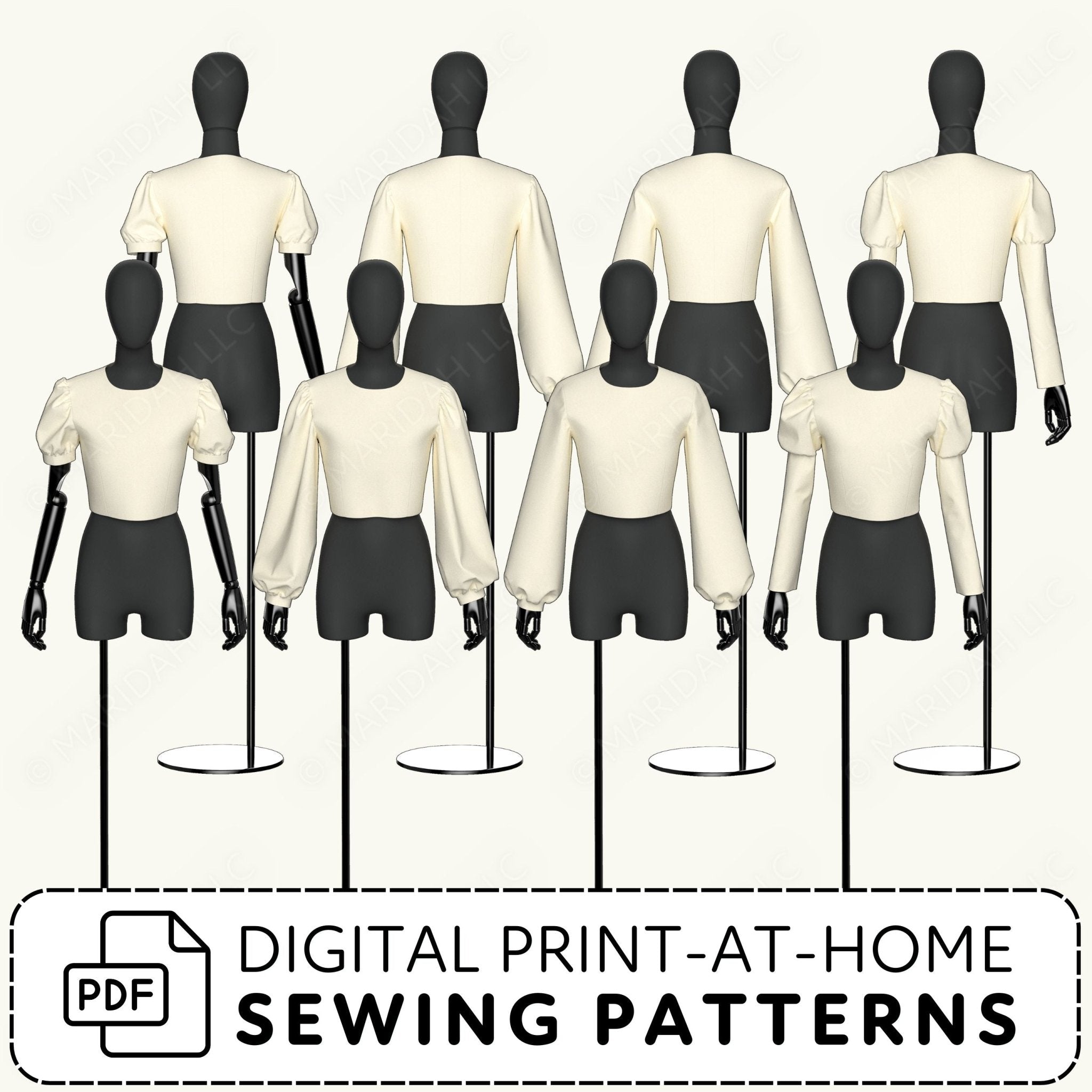 Mannequins wearing white shirts and black pants with digital print-at-home sewing patterns text.