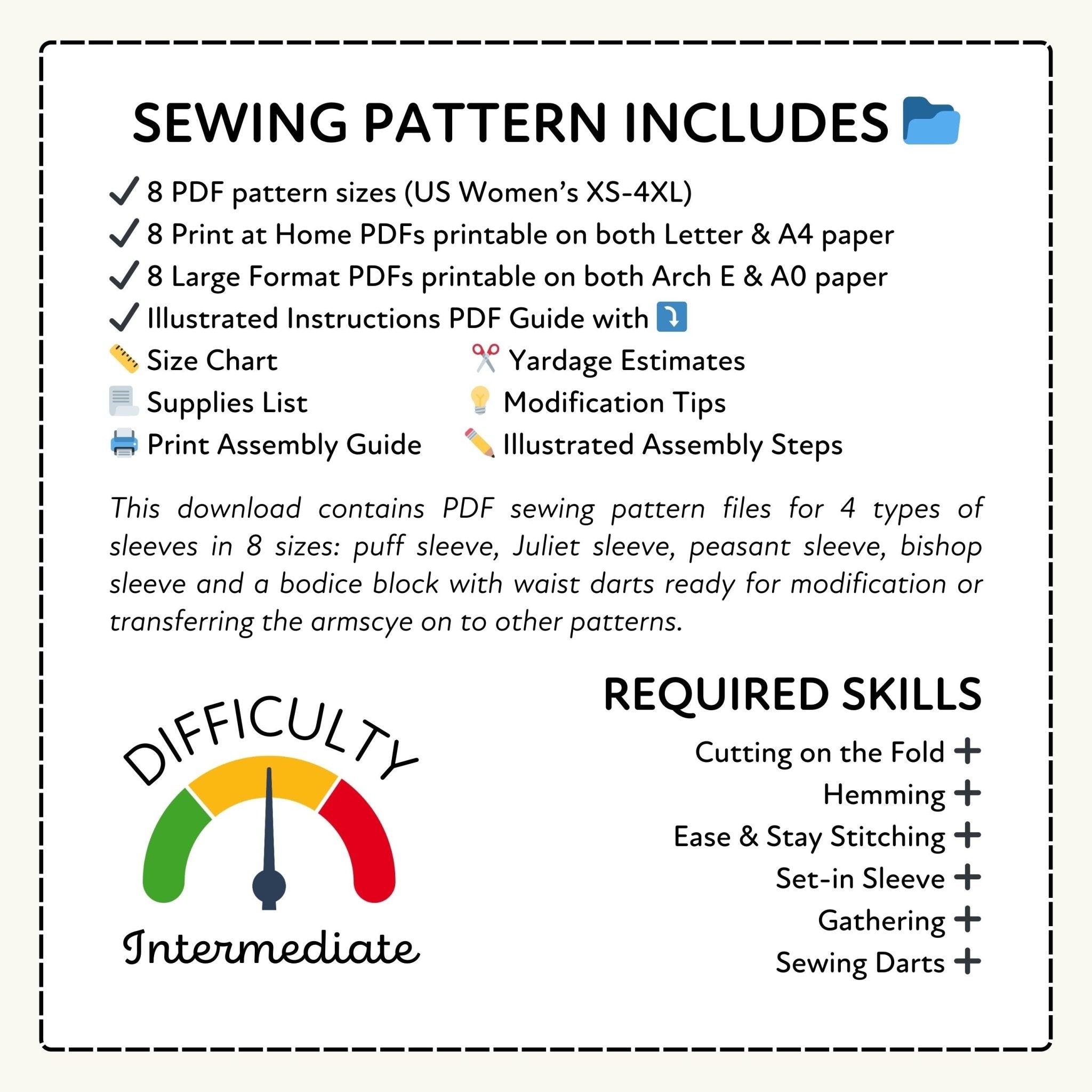 Sewing pattern information with difficulty rating and required skills listed.