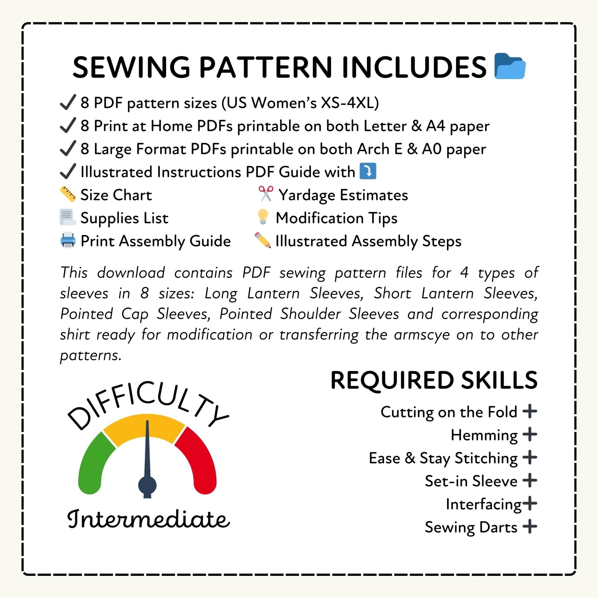Sewing pattern information with difficulty rating and required skills listed.