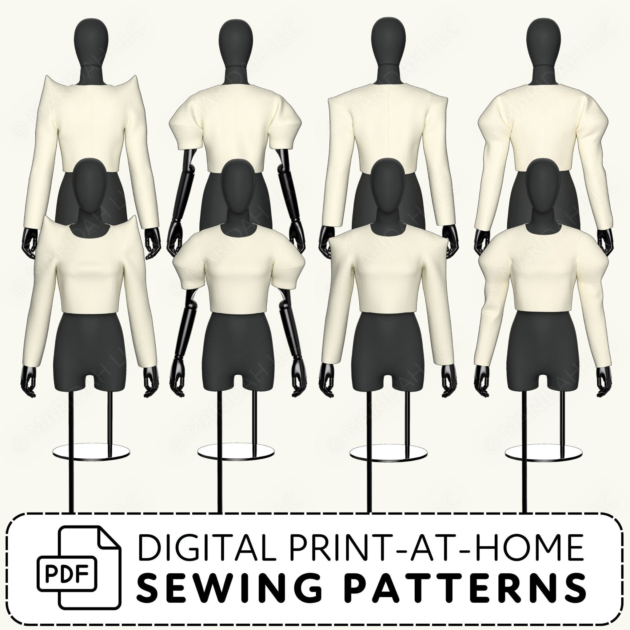 Mannequins with black heads and white bodies on a white background, with text about digital print-at-home sewing patterns.