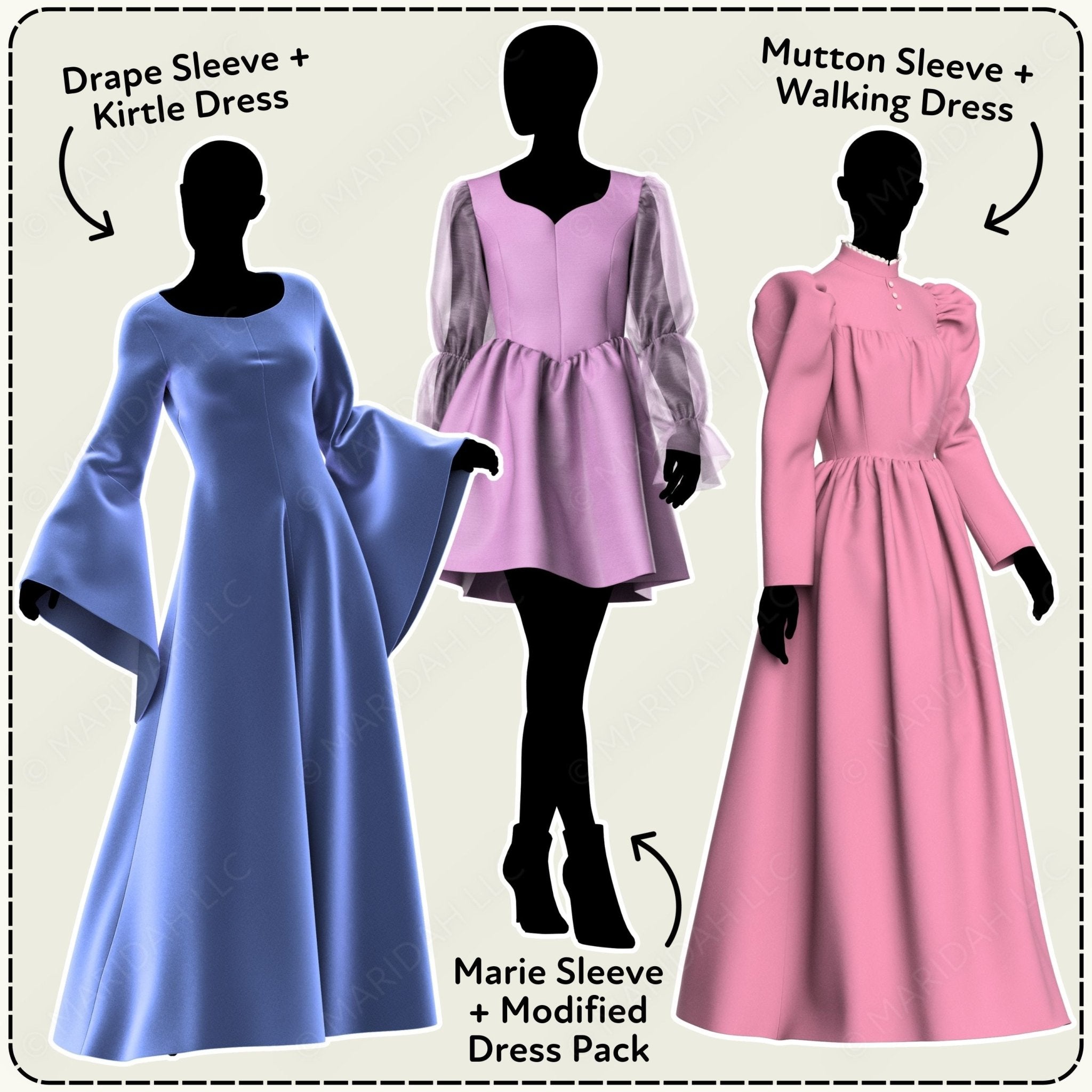Three dresses with different sleeve styles on mannequins against a plain background.