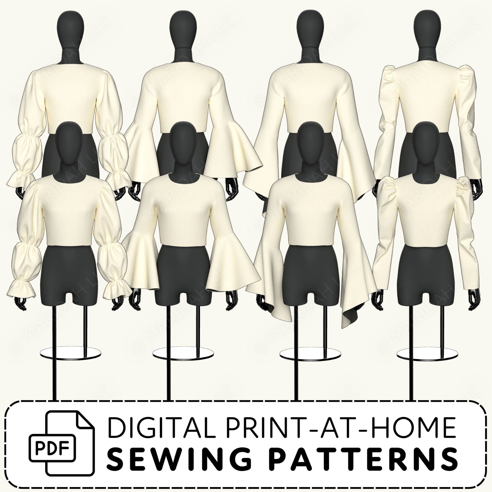 Mannequins wearing white blouse with digital print-at-home sewing patterns text.