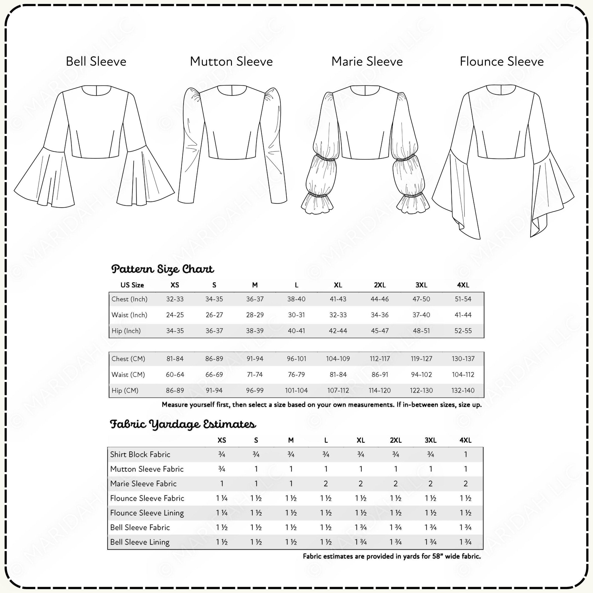 Diagram of different sleeve styles with a pattern size chart and fabric yardage estimates.