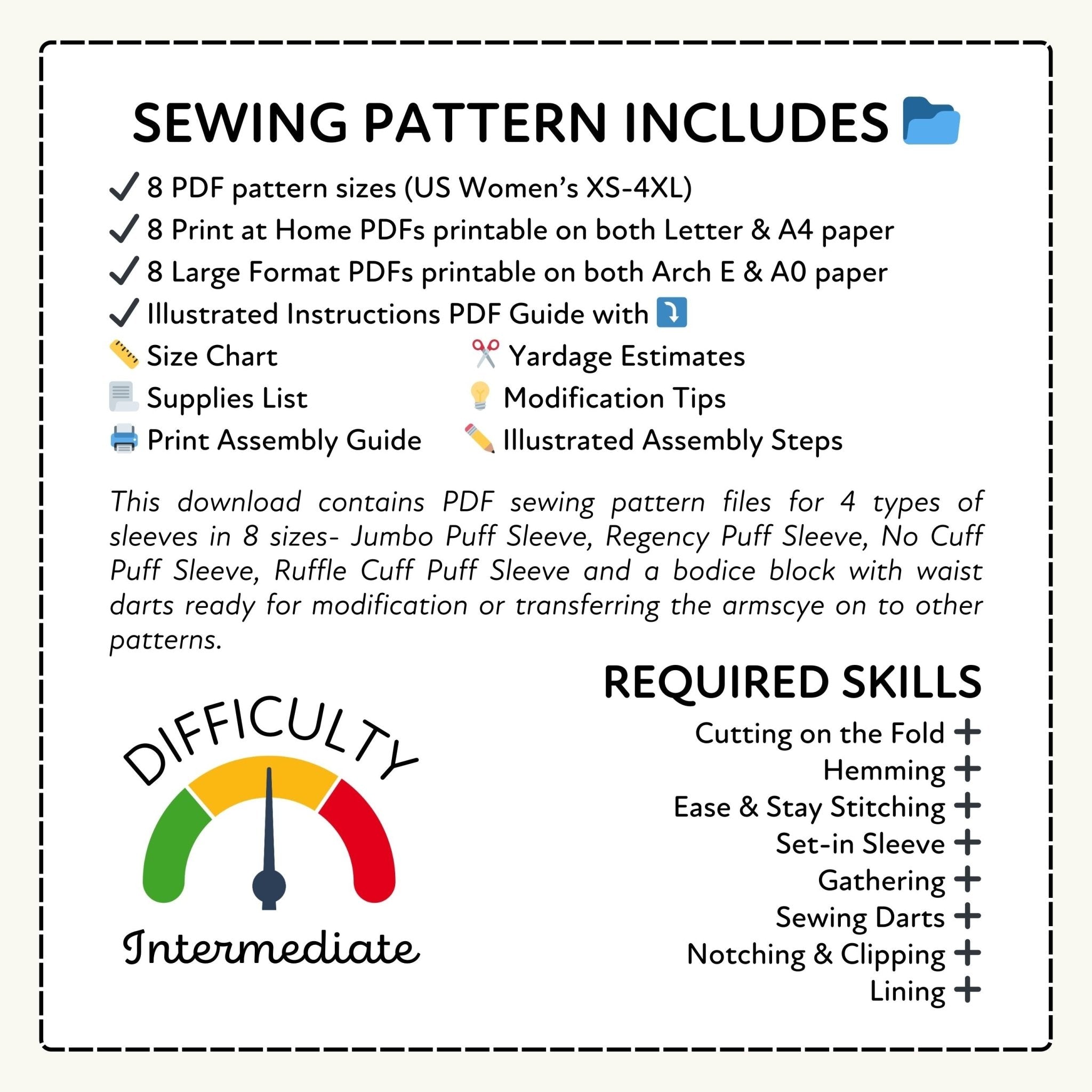Sewing pattern information sheet with details on included content and difficulty level.
