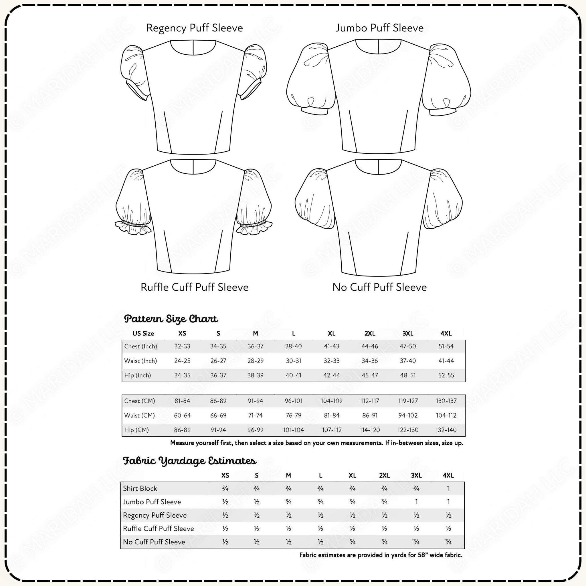 Illustration of puff sleeve patterns with size chart and fabric yardage estimates.