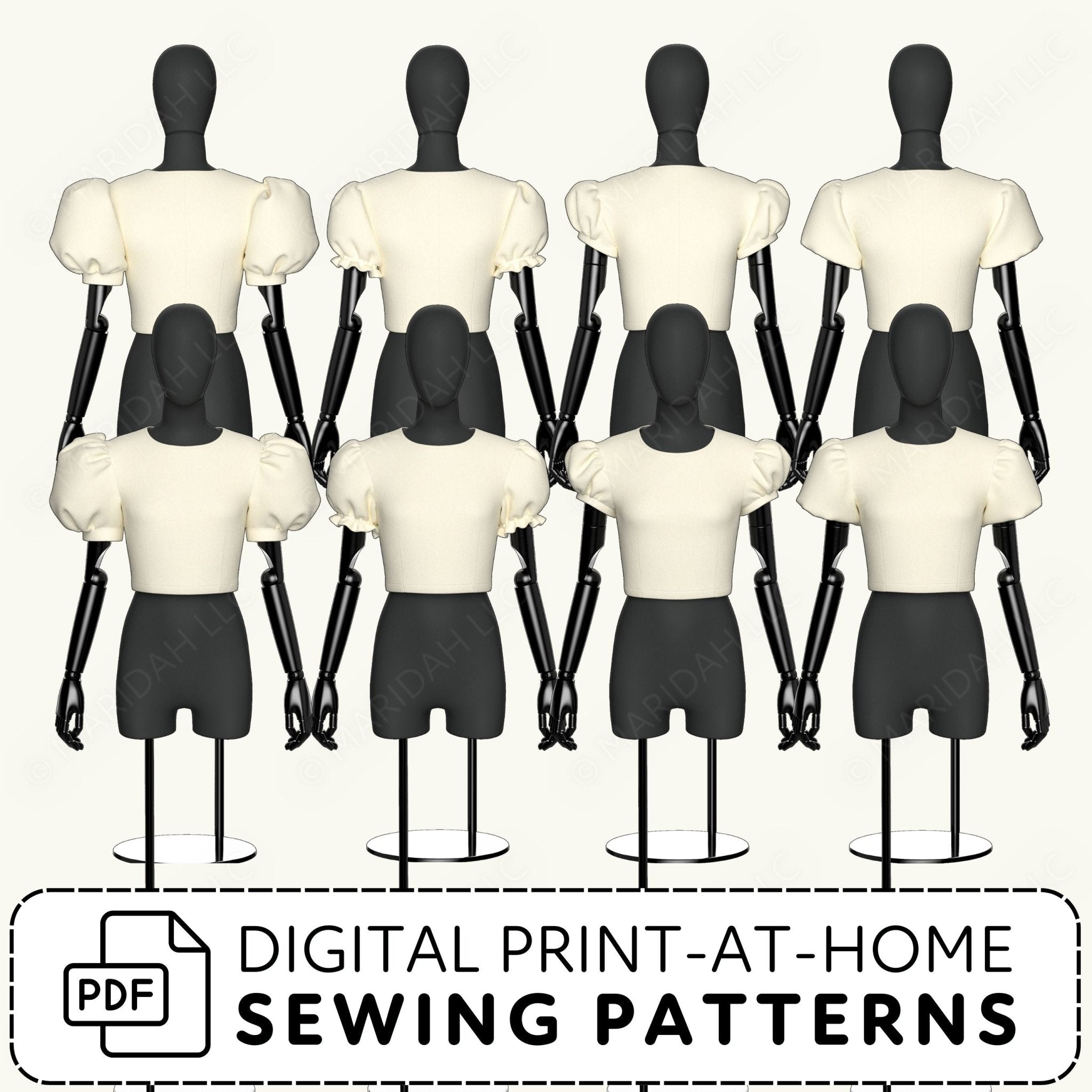 Mannequin torsos with black heads on stands, used for sewing patterns, with text about digital print-at-home sewing patterns.