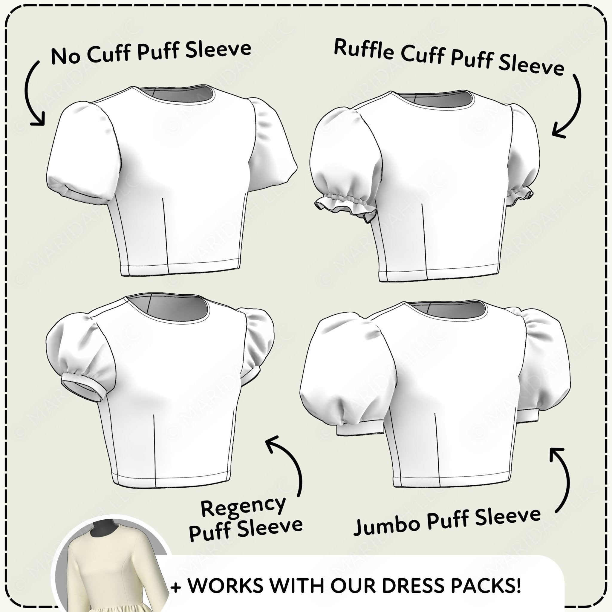 Illustrations of different puff sleeve styles with labels on a beige background.