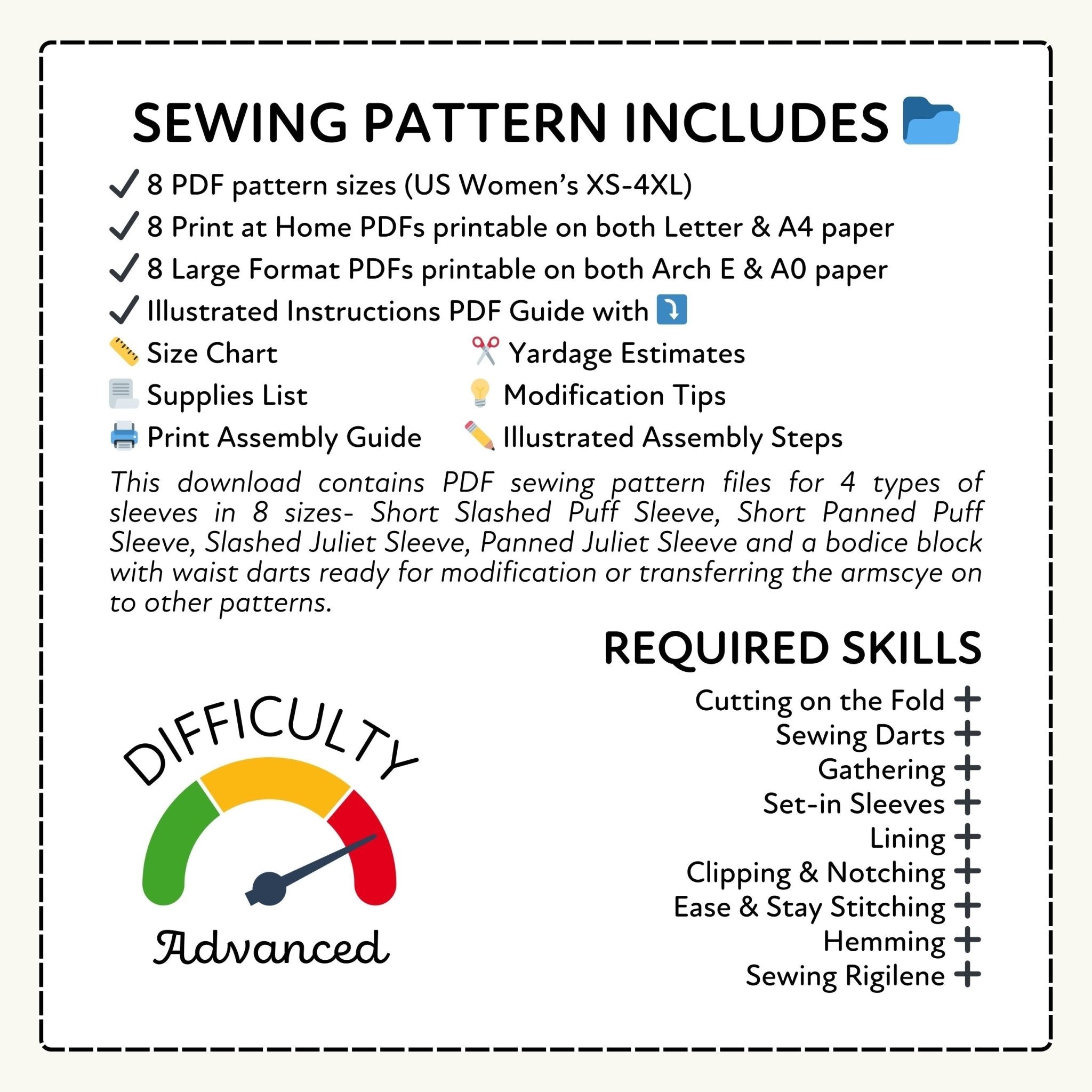 a sewing pattern that includes 8 PDF pattern sizes, 8 Print at Home PDFs, 8 Large Format PDFs, an Illustrated Instructions Guide, a Size Chart, a Supplies List, and a Print Assembly Guide.