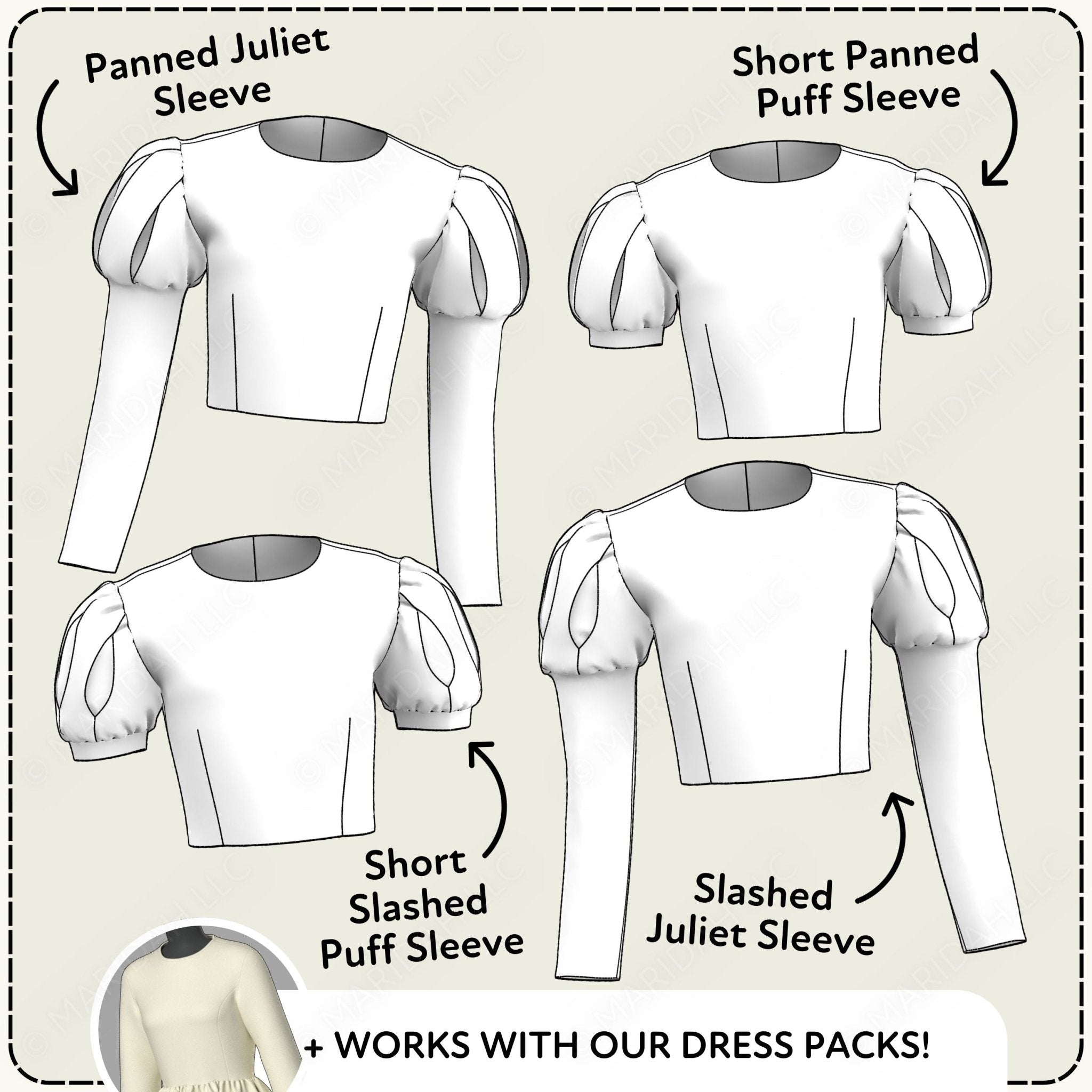The image is a fashion illustration showing different styles of puffed sleeves, including a panned Juliet sleeve, short puffed sleeve, short puffed puff sleeve, and a sliced puffed sleeve.