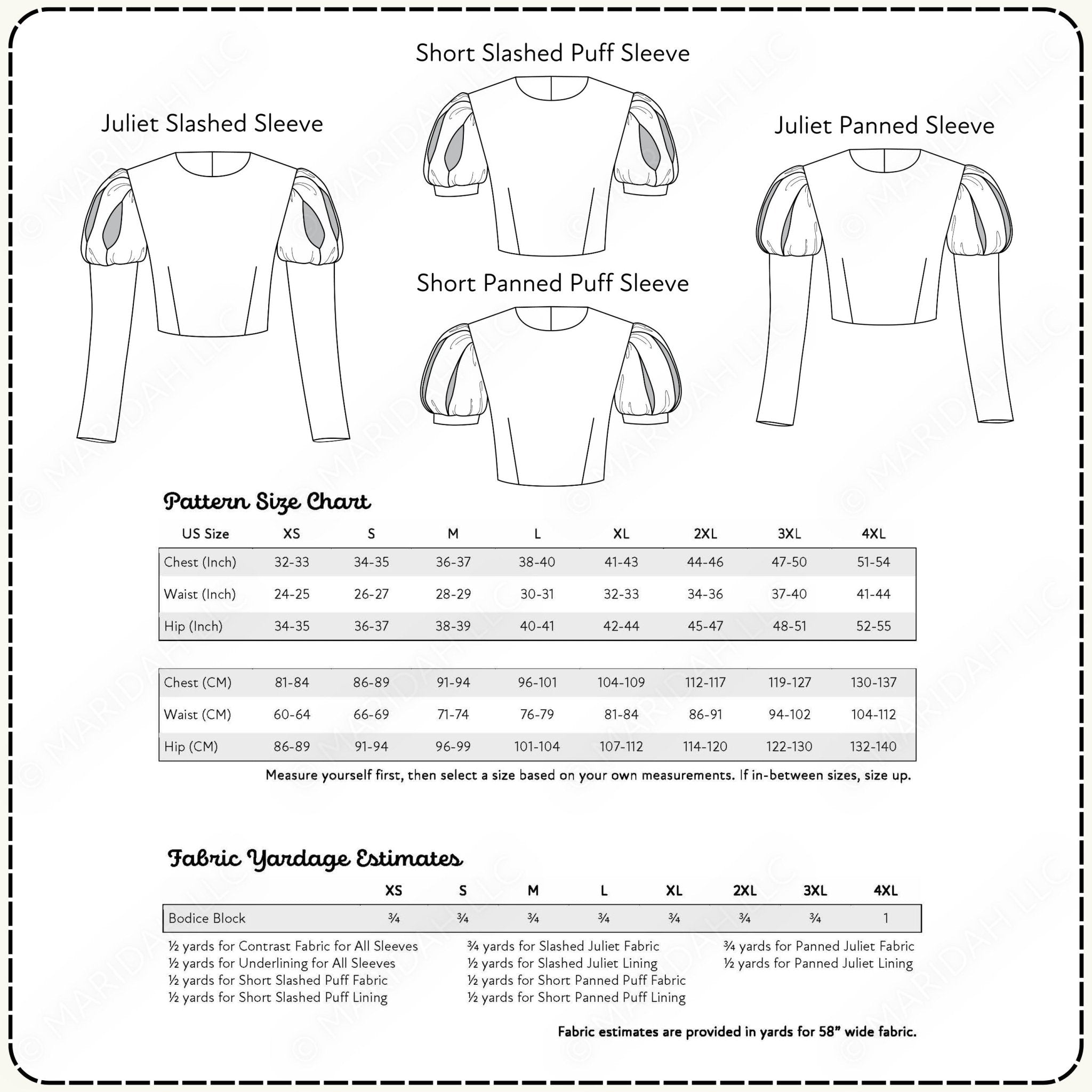 a detailed size chart and fabric yardage estimate for a short puffed sleeve design, including a short panned puffed sleeve pattern and a short puffed puffed sleeve pattern.