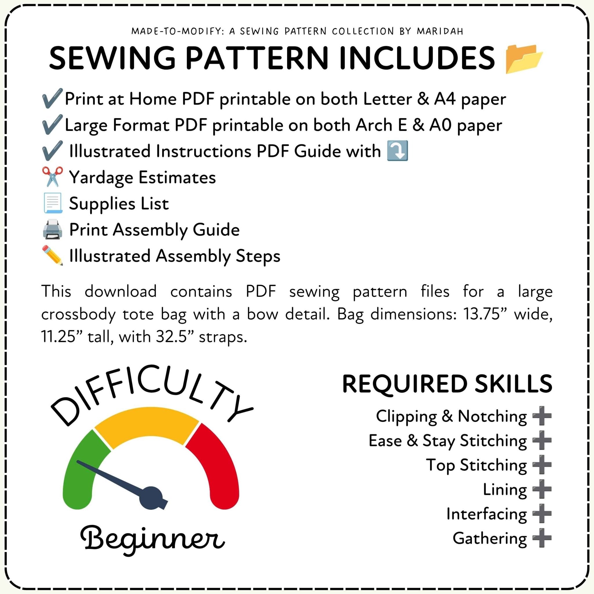 Crossbody Bow Tote Bag Sewing Pattern PDF Sewing Pattern File