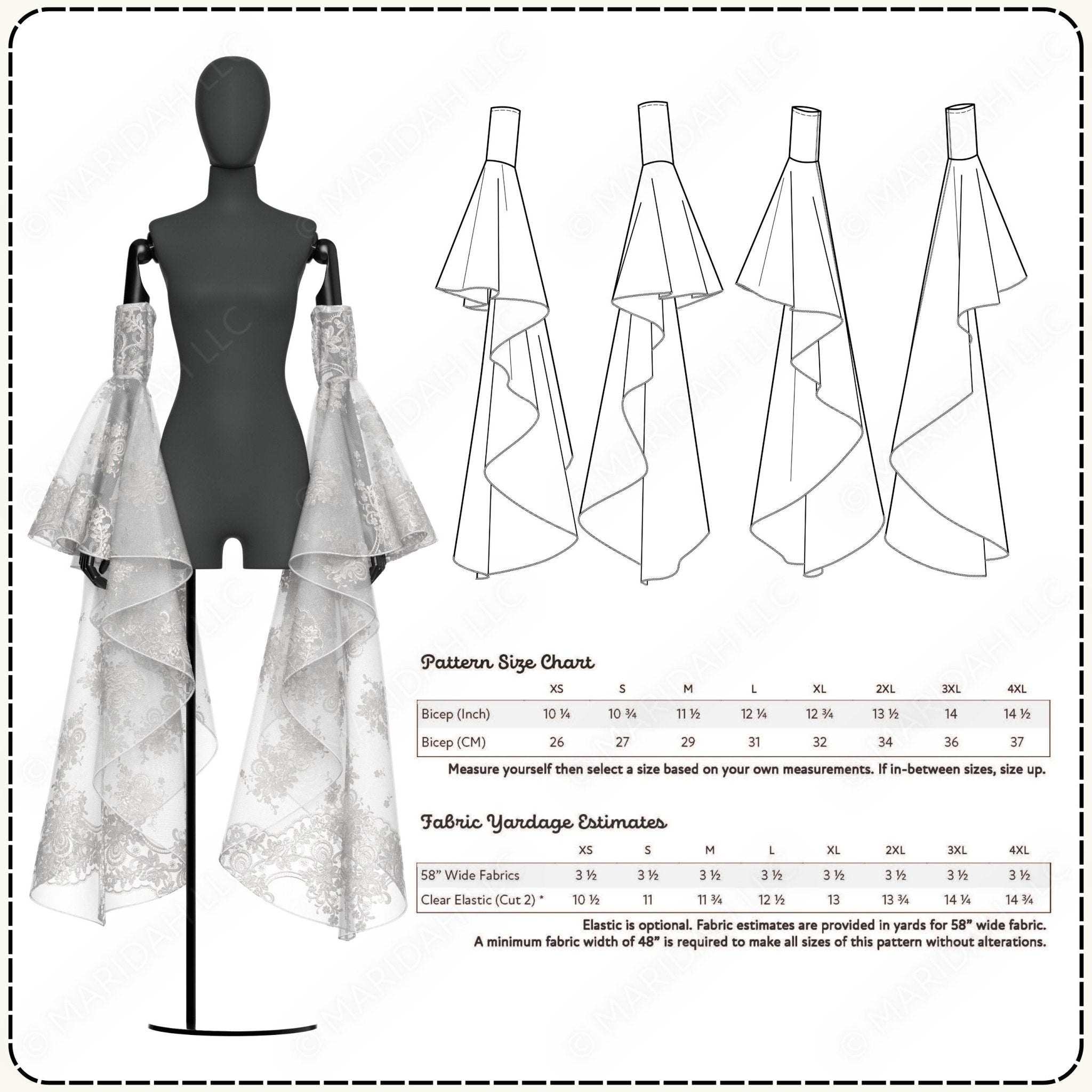 Fashion design pattern with mannequin, fabric swatches, and size chart on a white background