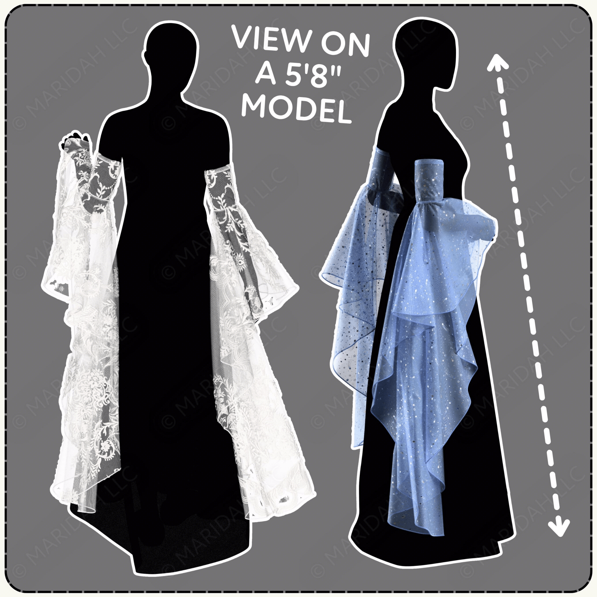 Silhouette of a woman wearing a long, light blue dress with a sheer overlay on a gray background.
