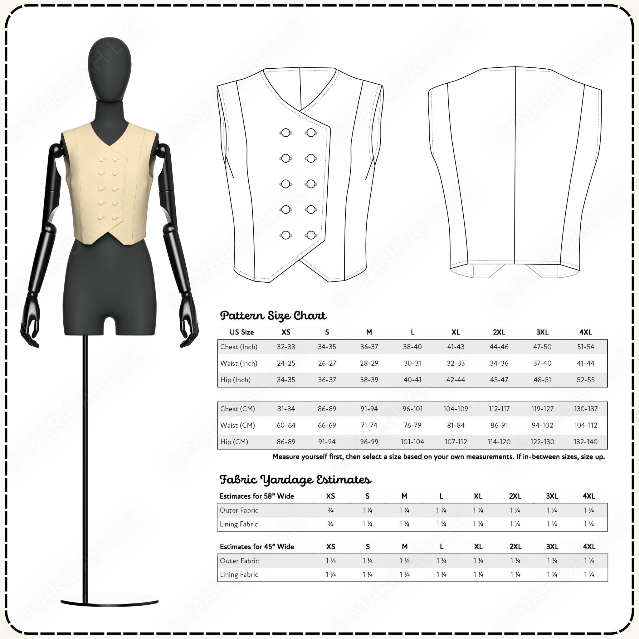 Pattern for a fitted garment with size chart and fabric yardage estimates on a white background