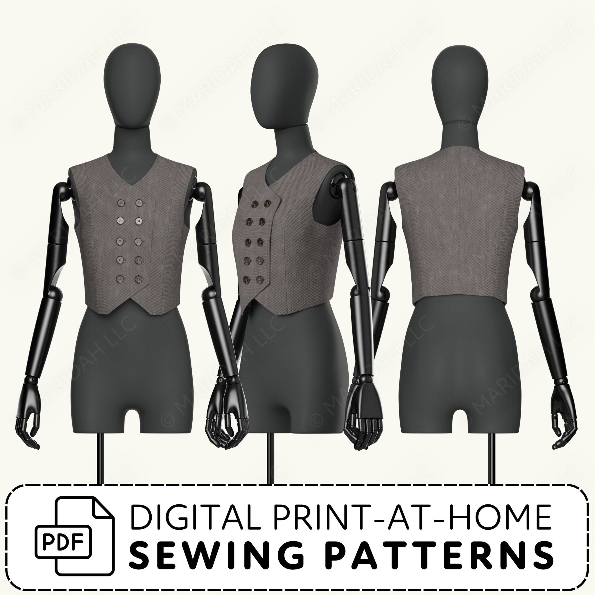 Mannequins wearing a gray vest with buttons, shown from front, side, and back views, with digital print-at-home sewing patterns text.