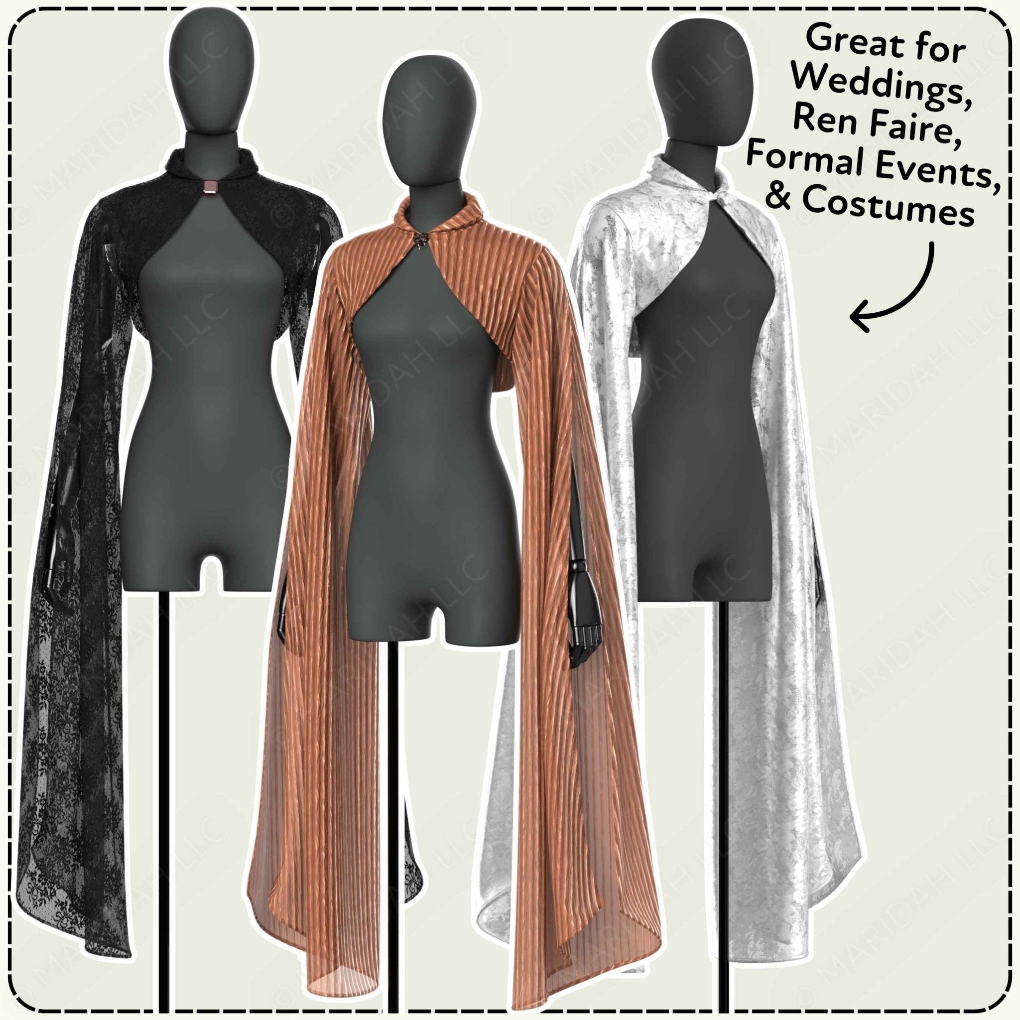 Three mannequins display sleeveless black wrap capes in different finishes: a sheer black lace cape, a sheer black and rust-orange striped cape, and a shiny silver cape. Text on the right says the capes are great for weddings, ren faire, formal events, and costumes.