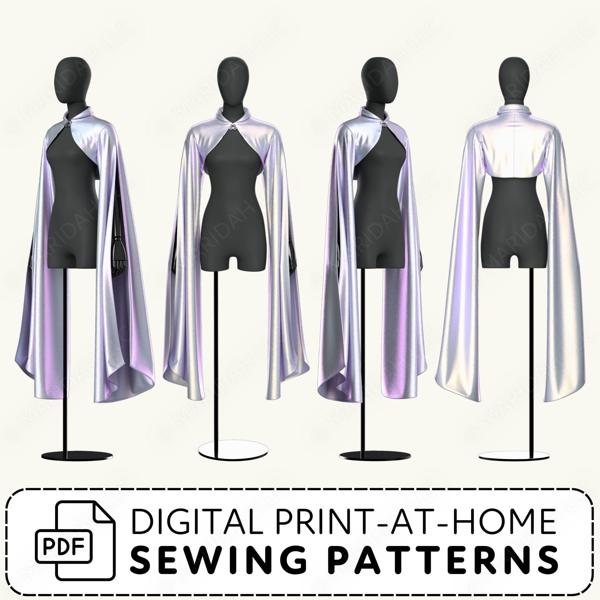 Four mannequins wearing black outfits with white capes on a white background, promoting digital print-at-home sewing patterns.