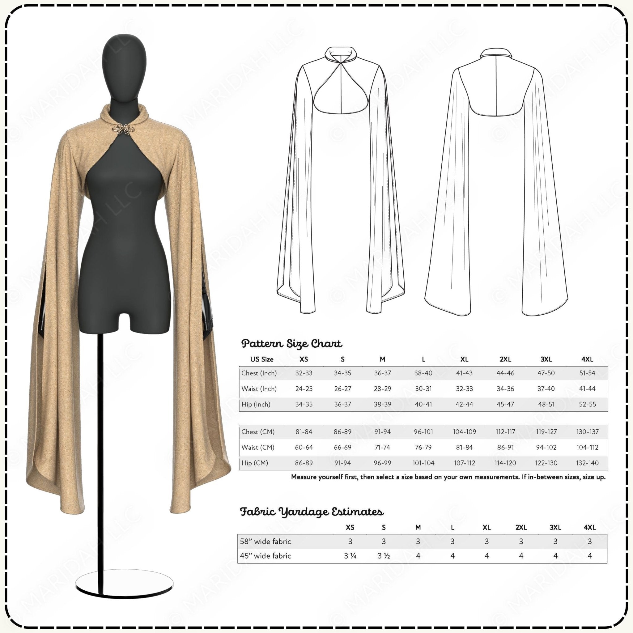 Mannequin wearing a black and beige outfit with pattern size chart and fabric yardage estimates.