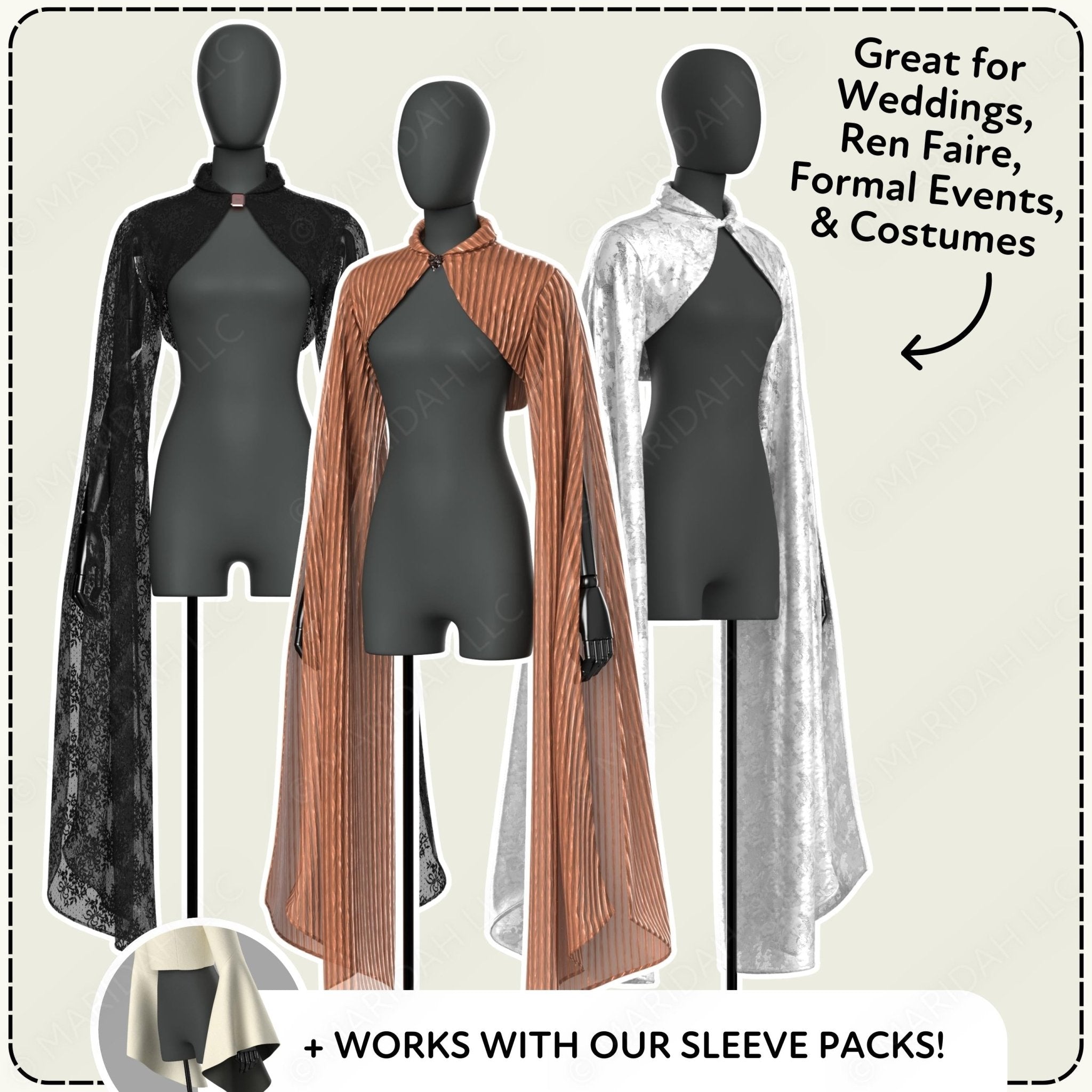 Mannequins wearing black halter tops with various capes on a neutral background.