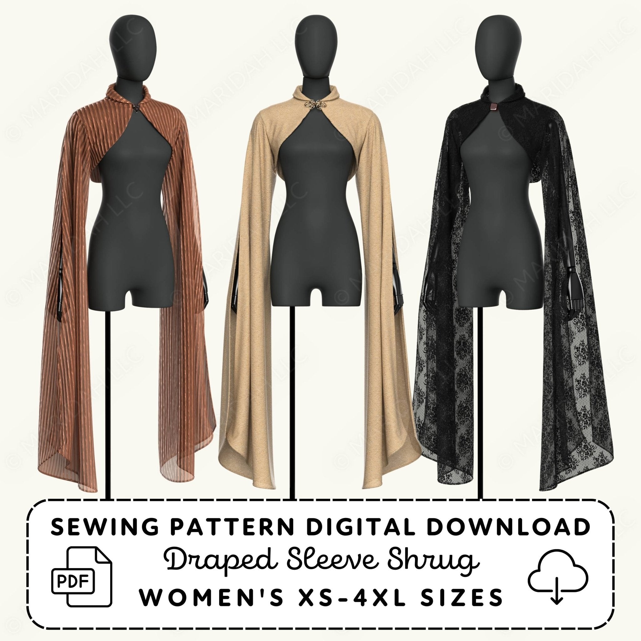 Three mannequins wearing draped sleeve shrugs with a sewing pattern digital download text.