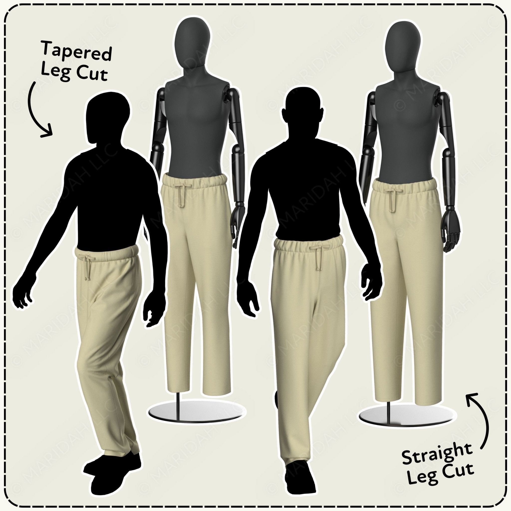 four mannequins wearing different types of leg cuts, including a taperred leg cut, a straight leg cut, and a taperred leg cut with a straight leg cut.