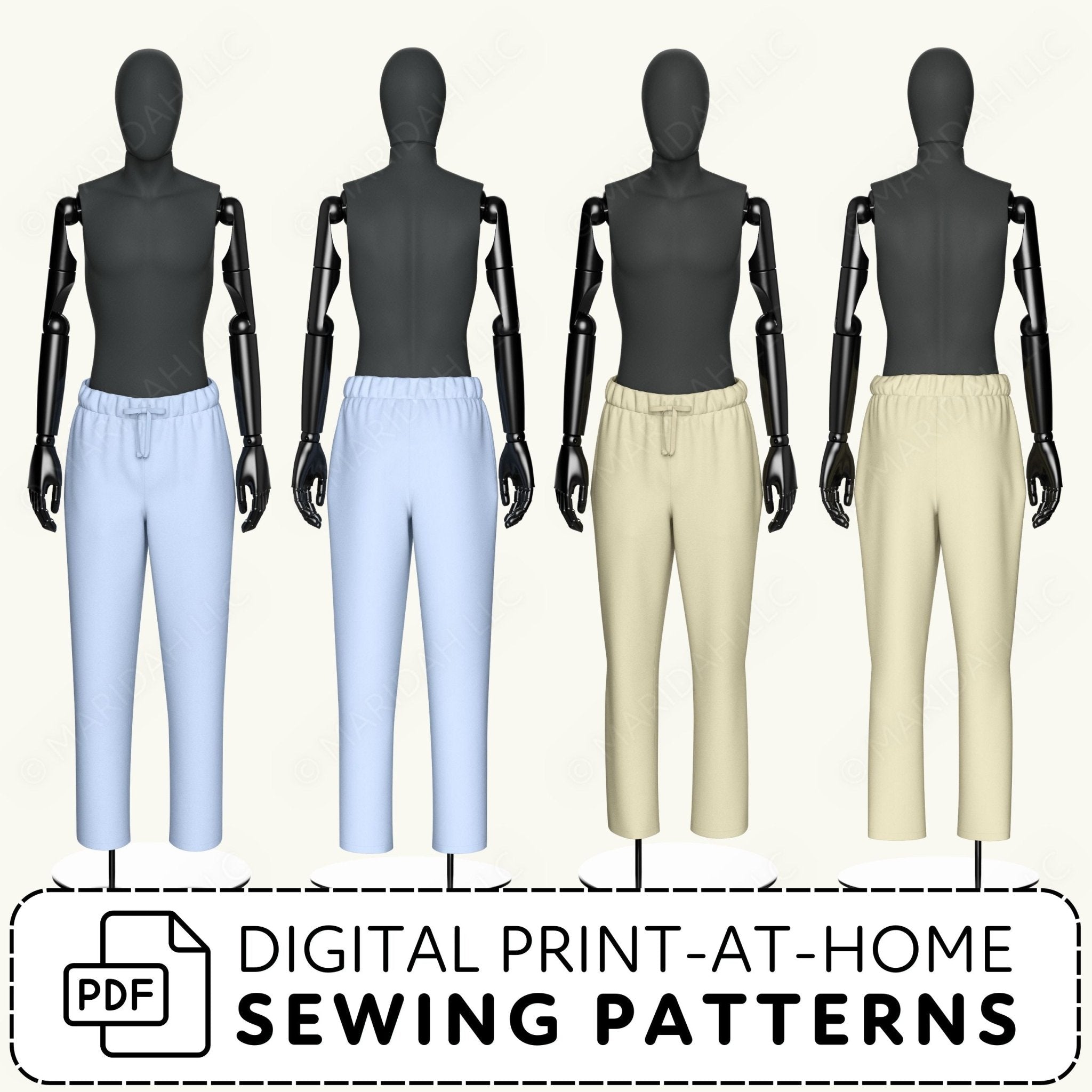 Mannequins wearing pants with text about digital print-at-home sewing patterns.