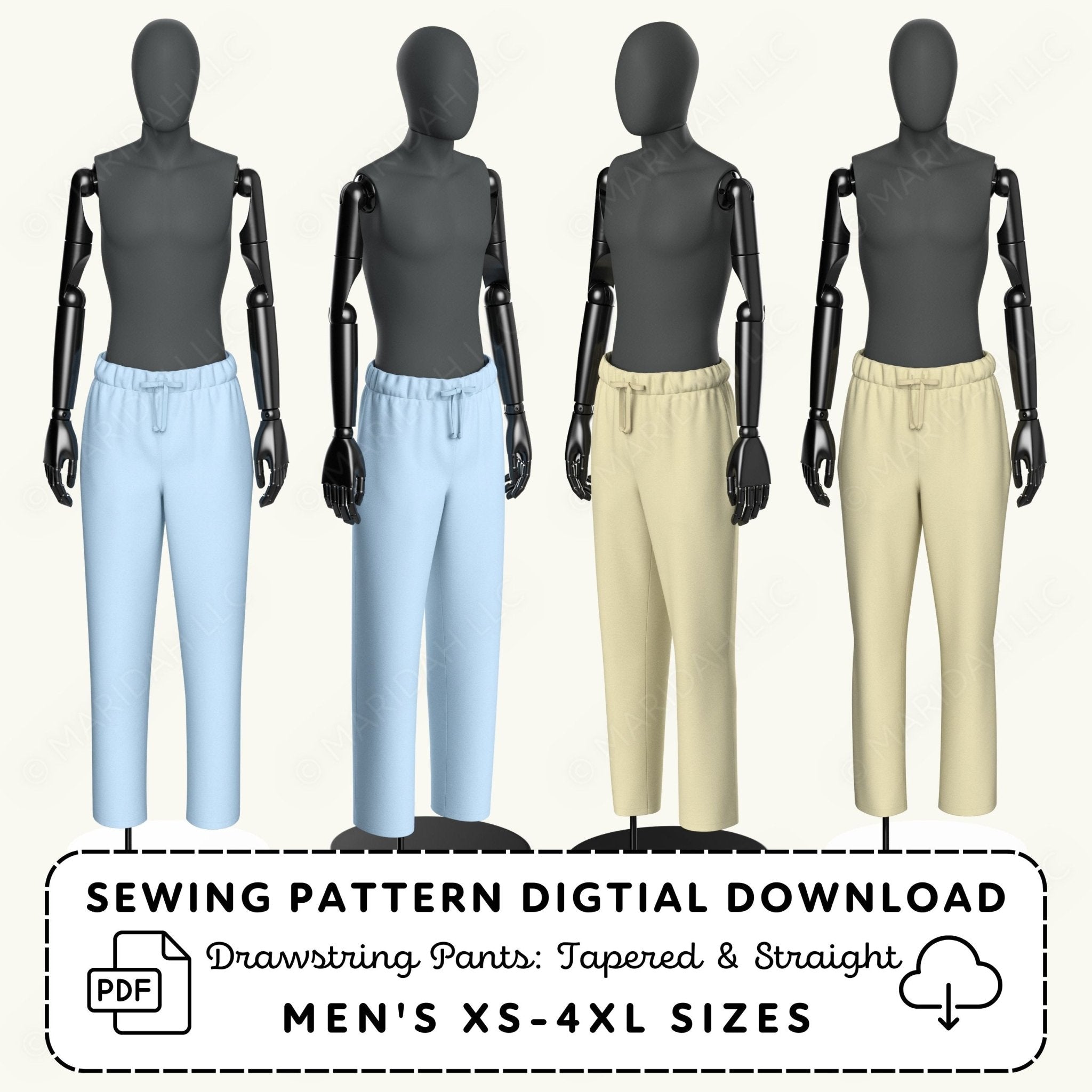 four mannequins wearing different colored pants, including light blue, light beige, and dark gray.