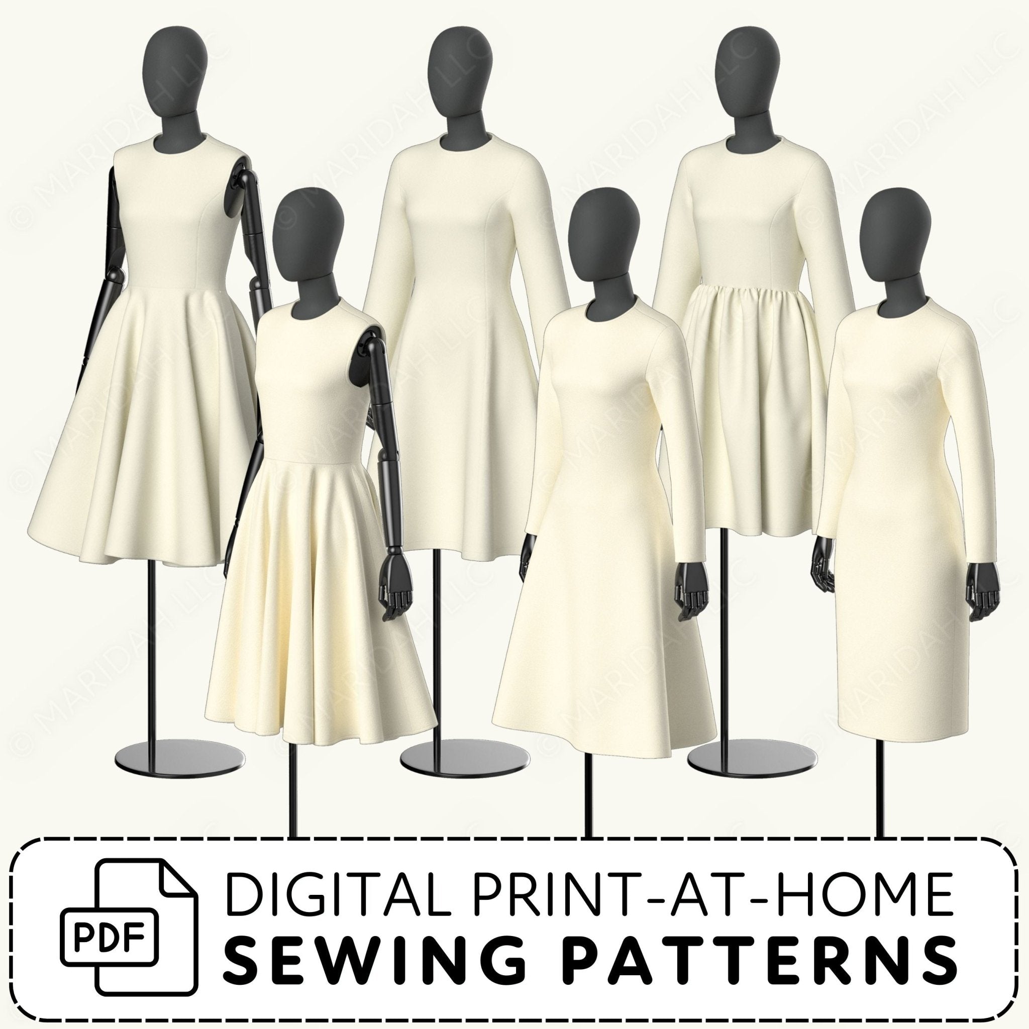 Mannequins wearing cream dresses on black stands with digital print-at-home sewing patterns text.