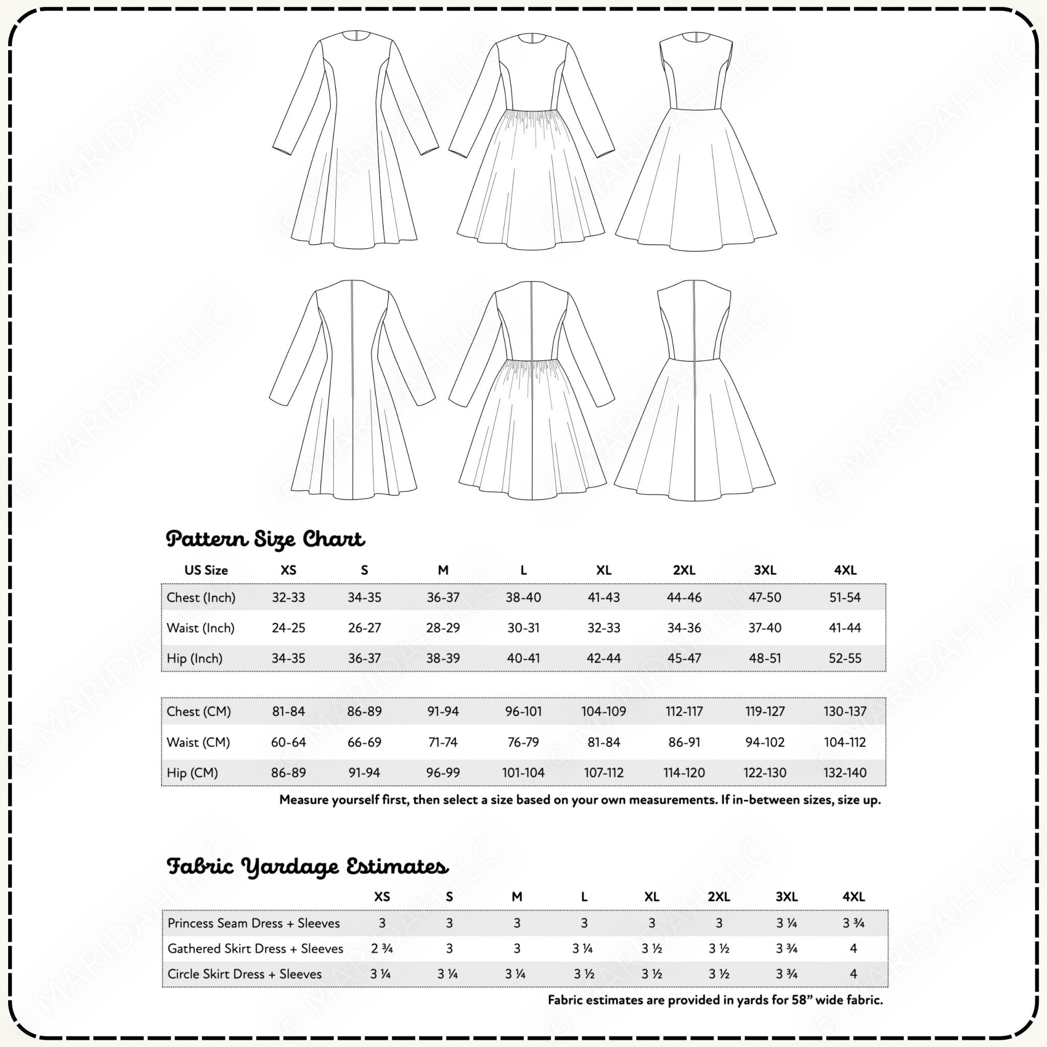 Pattern size chart and fabric yardage estimates for a dress design.