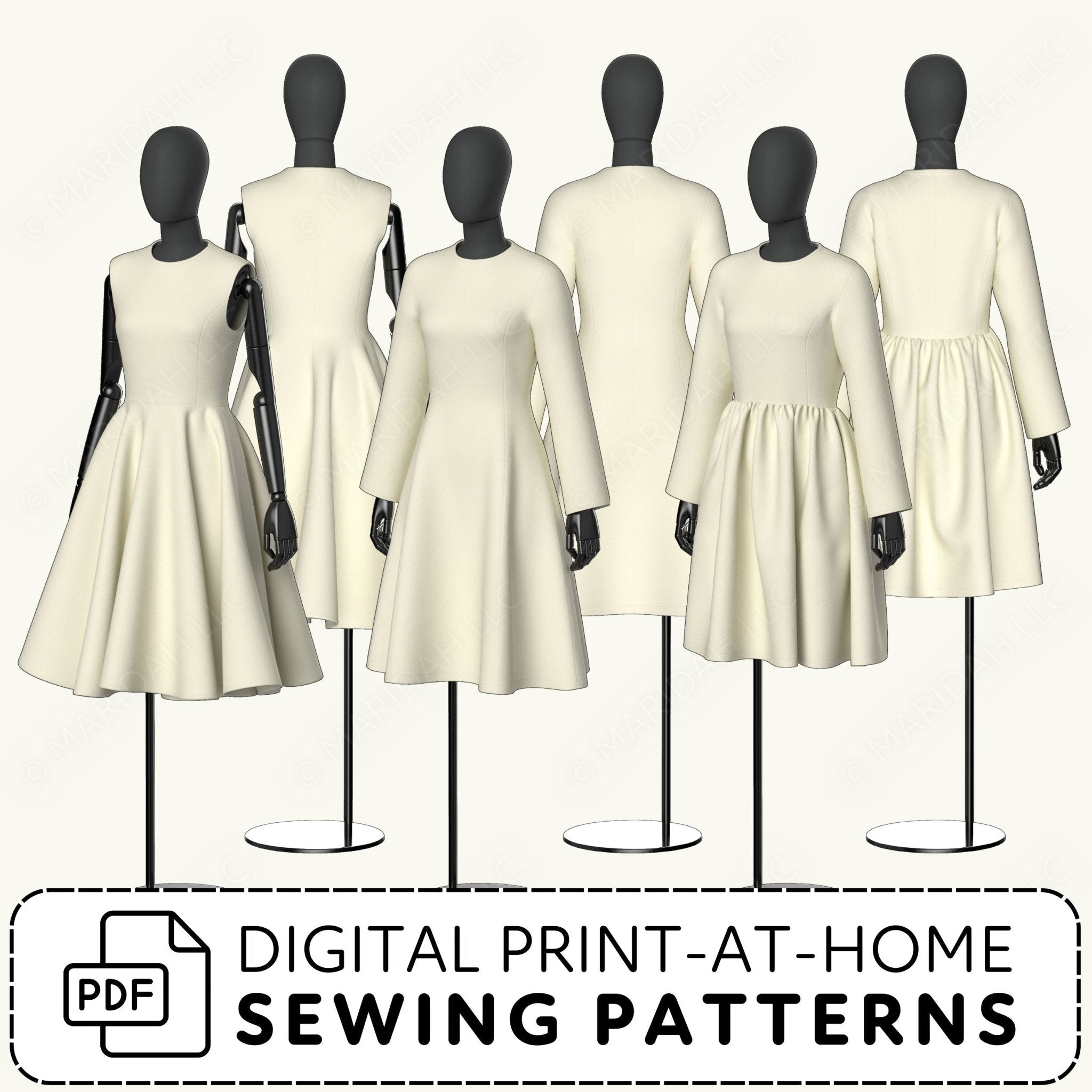 Mannequins wearing cream-colored dresses with digital print-at-home sewing patterns text.