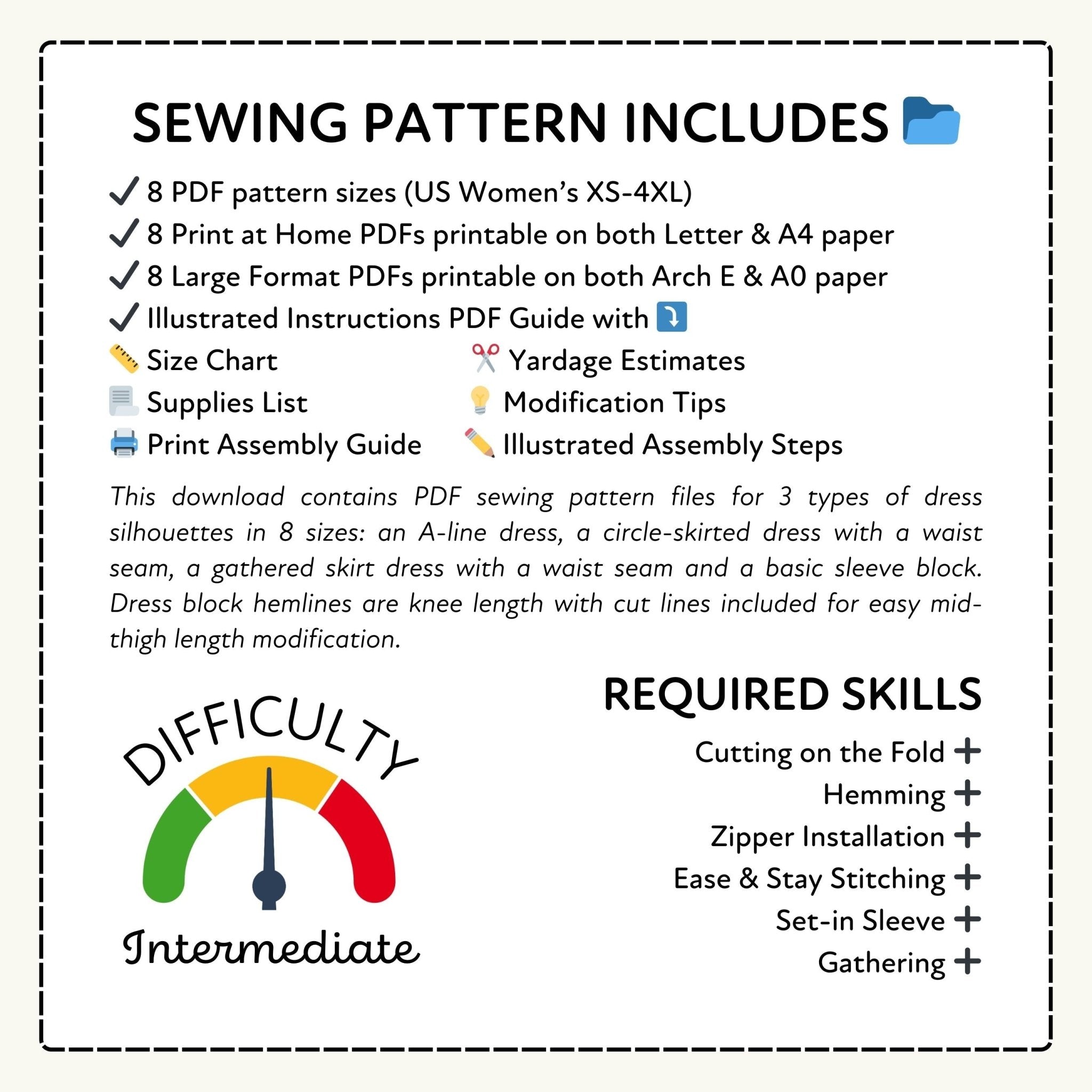 Sewing pattern information with PDF sizes, print formats, and required skills listed.