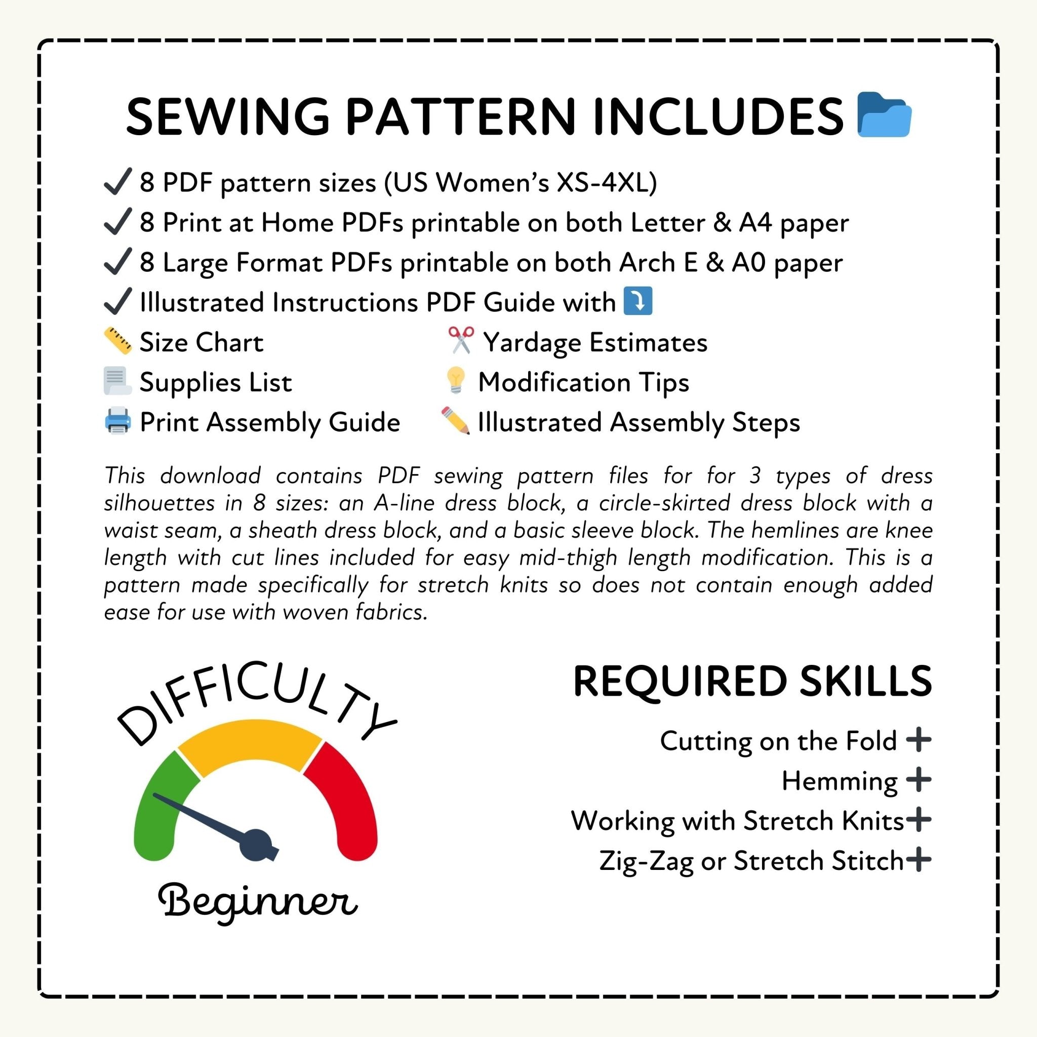 Sewing pattern information sheet with text and icons on a white background