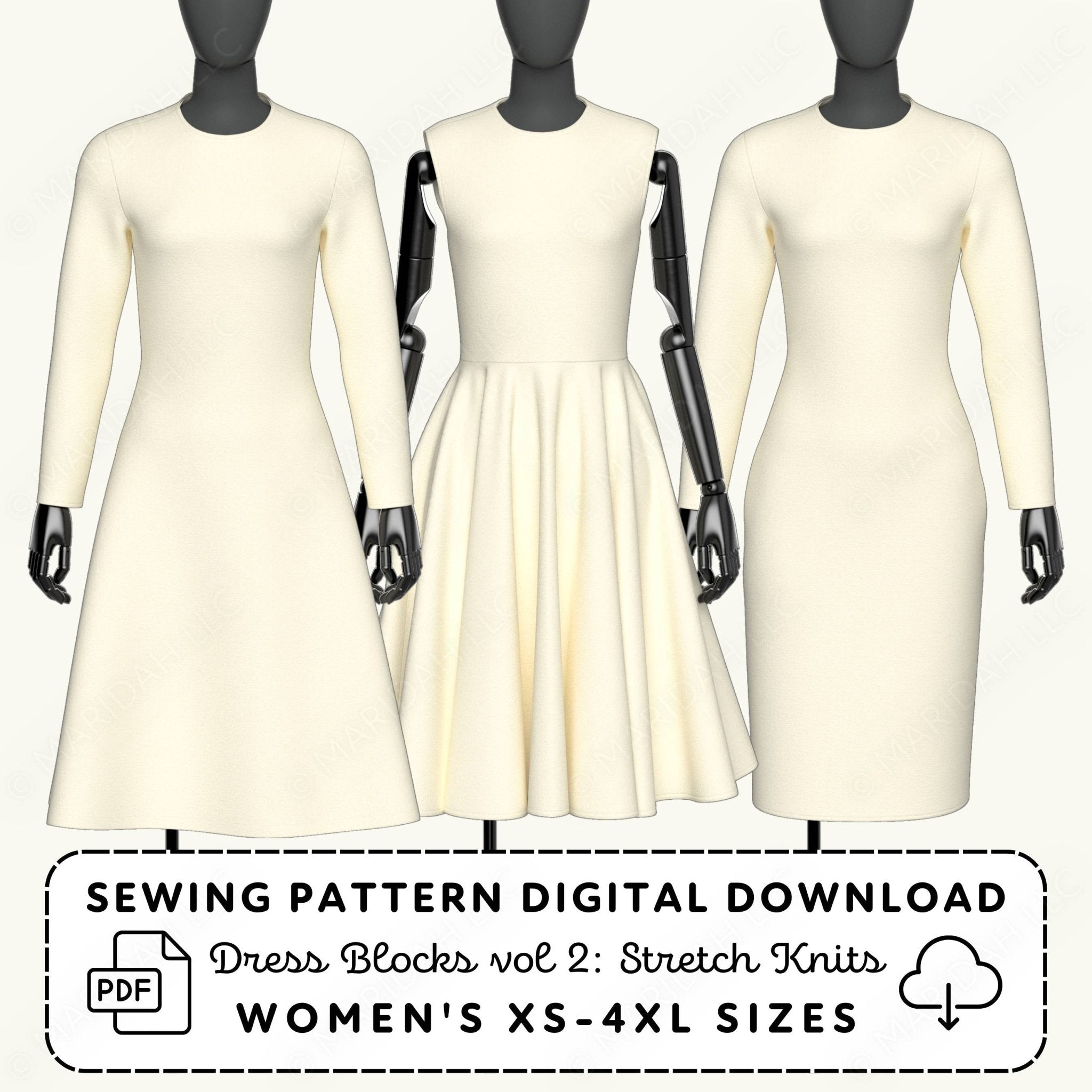 Three mannequins wearing cream dresses with a sewing pattern digital download text overlay.