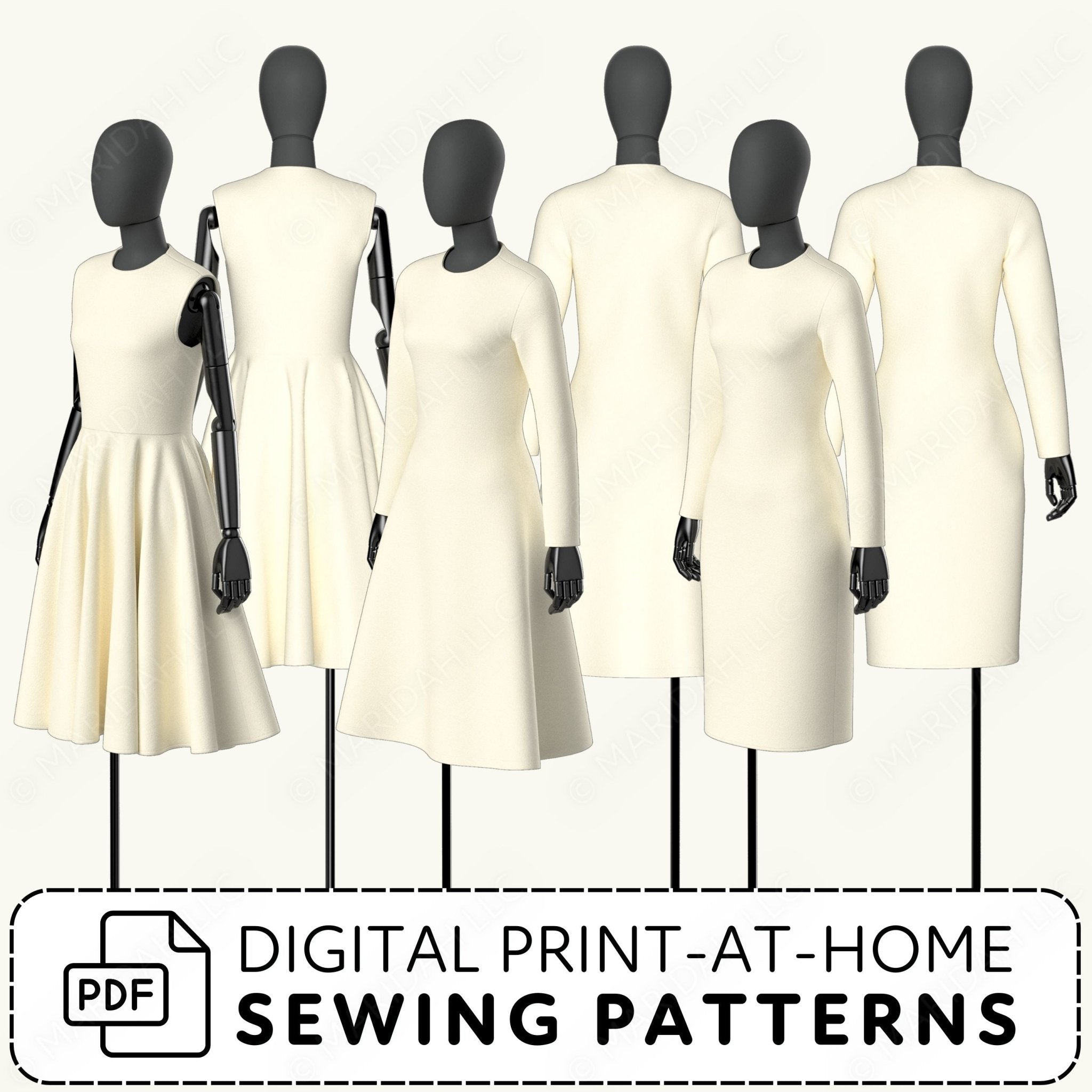Mannequins wearing cream dresses with digital print-at-home sewing patterns text.