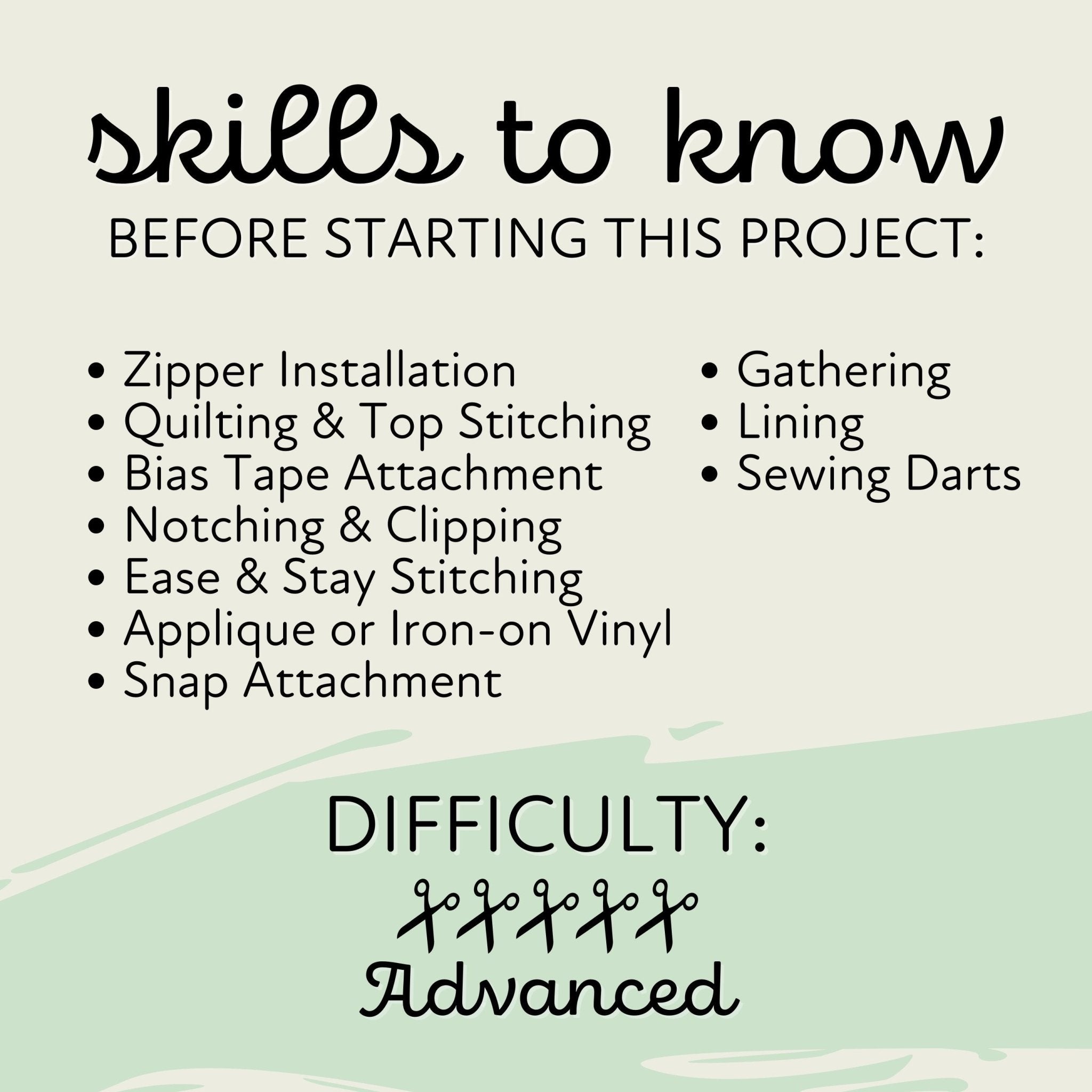 List of sewing skill needed to complete a sewing pattern