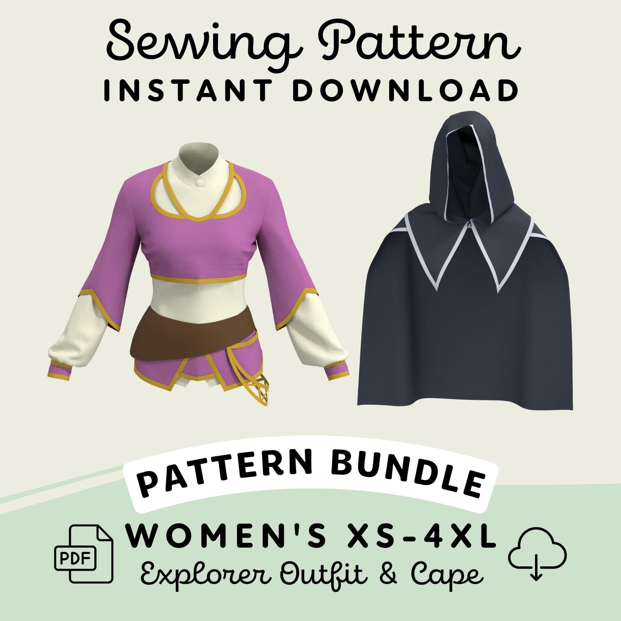 A sewing pattern instant download bundle, showcasing a women&